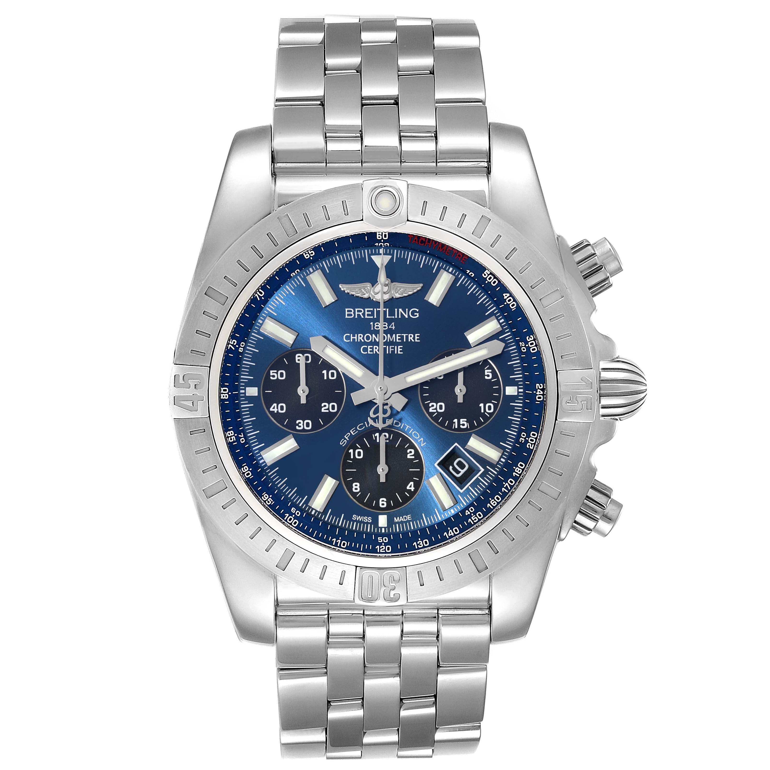 The image shows a frontal view of the Breitling Chronomat AB0115 Men
s Stainless Steel Blue Dial AB0115 Men
s Stainless Steel Blue Dial watch, displaying its face, bezel, and metal bracelet.