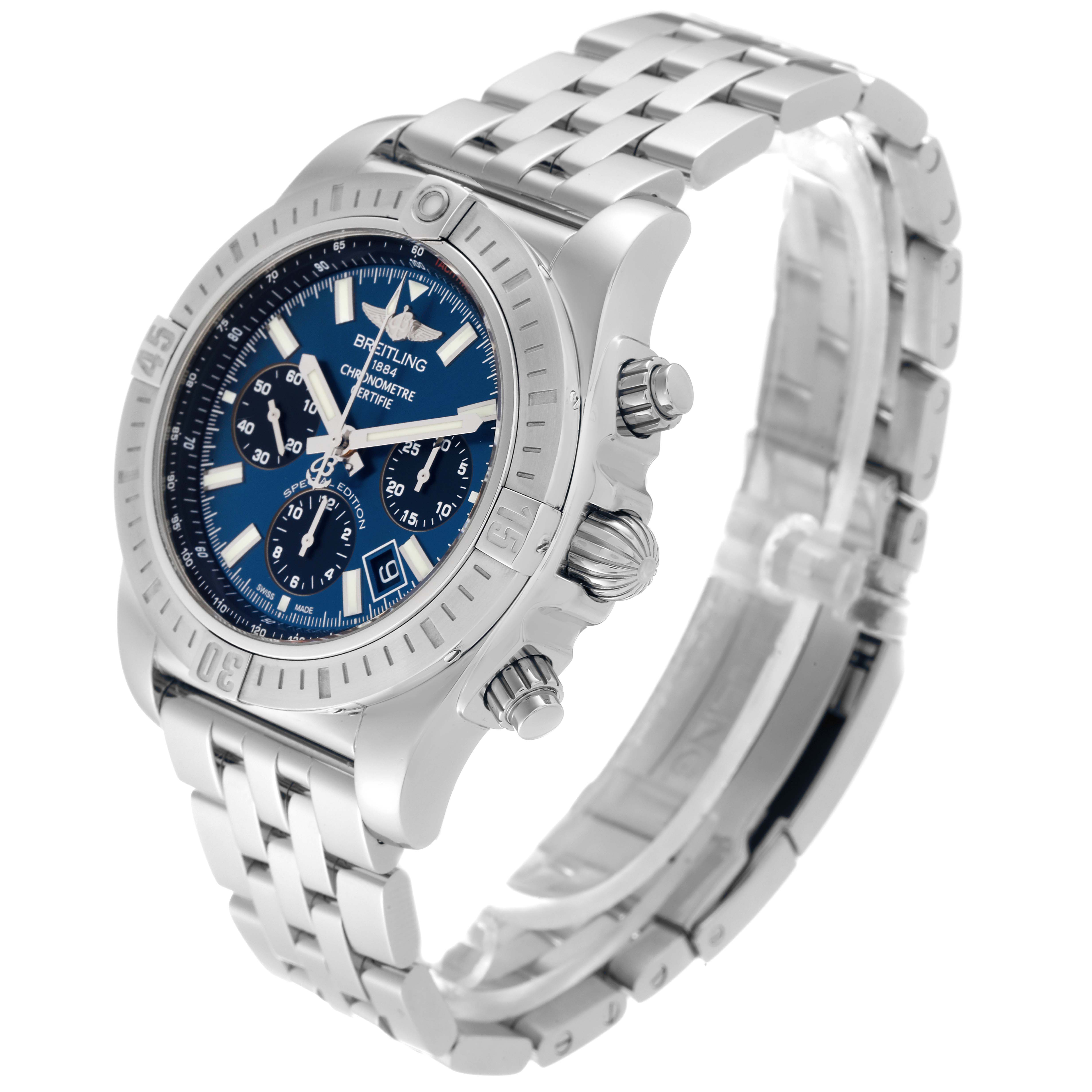 This image shows a Breitling Chronomat AB0115 Men
s Stainless Steel Blue Dial AB0115 Men
s Stainless Steel Blue Dial watch at an angle highlighting its case, dial, crown, pushers, and bracelet.