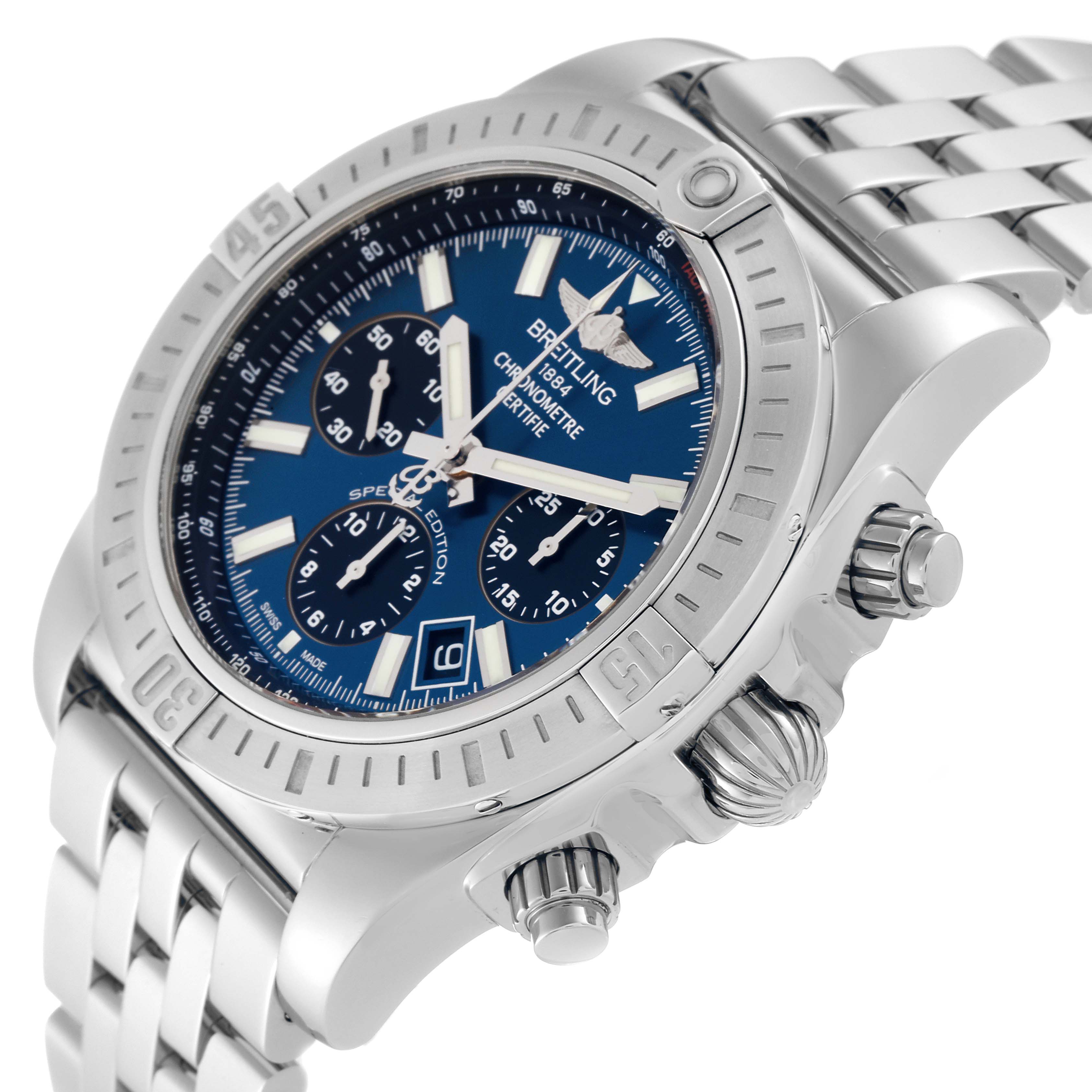 The image shows a side angle of a Breitling Chronomat AB0115 Men
s Stainless Steel Blue Dial AB0115 Men
s Stainless Steel Blue Dial watch, highlighting the case, bezel, crown, pushers, and part of the bracelet.