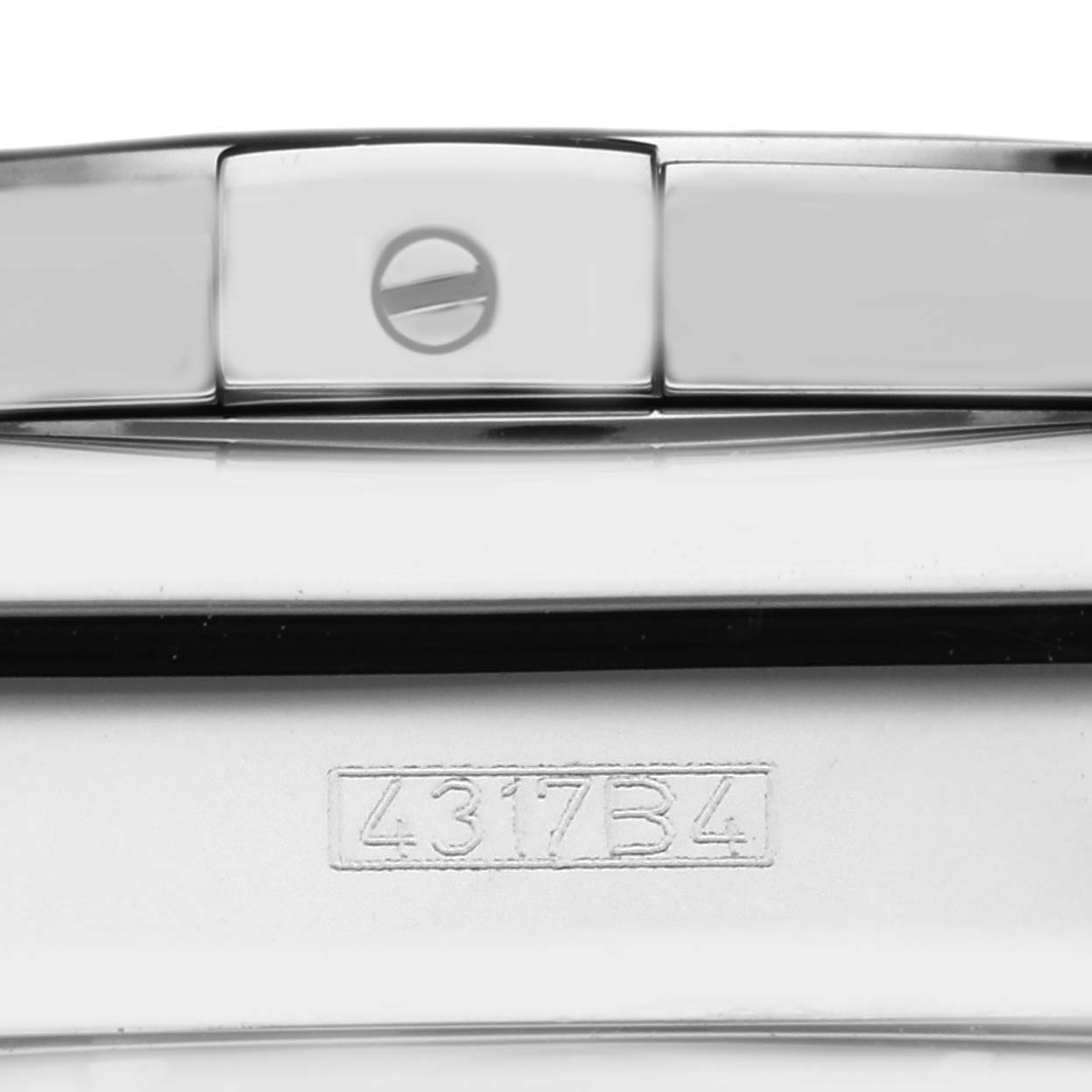 The image shows a close-up of the clasp and serial number on a Breitling Chronomat AB0115 Men
s Stainless Steel Blue Dial AB0115 Men
s Stainless Steel Blue Dial watch.