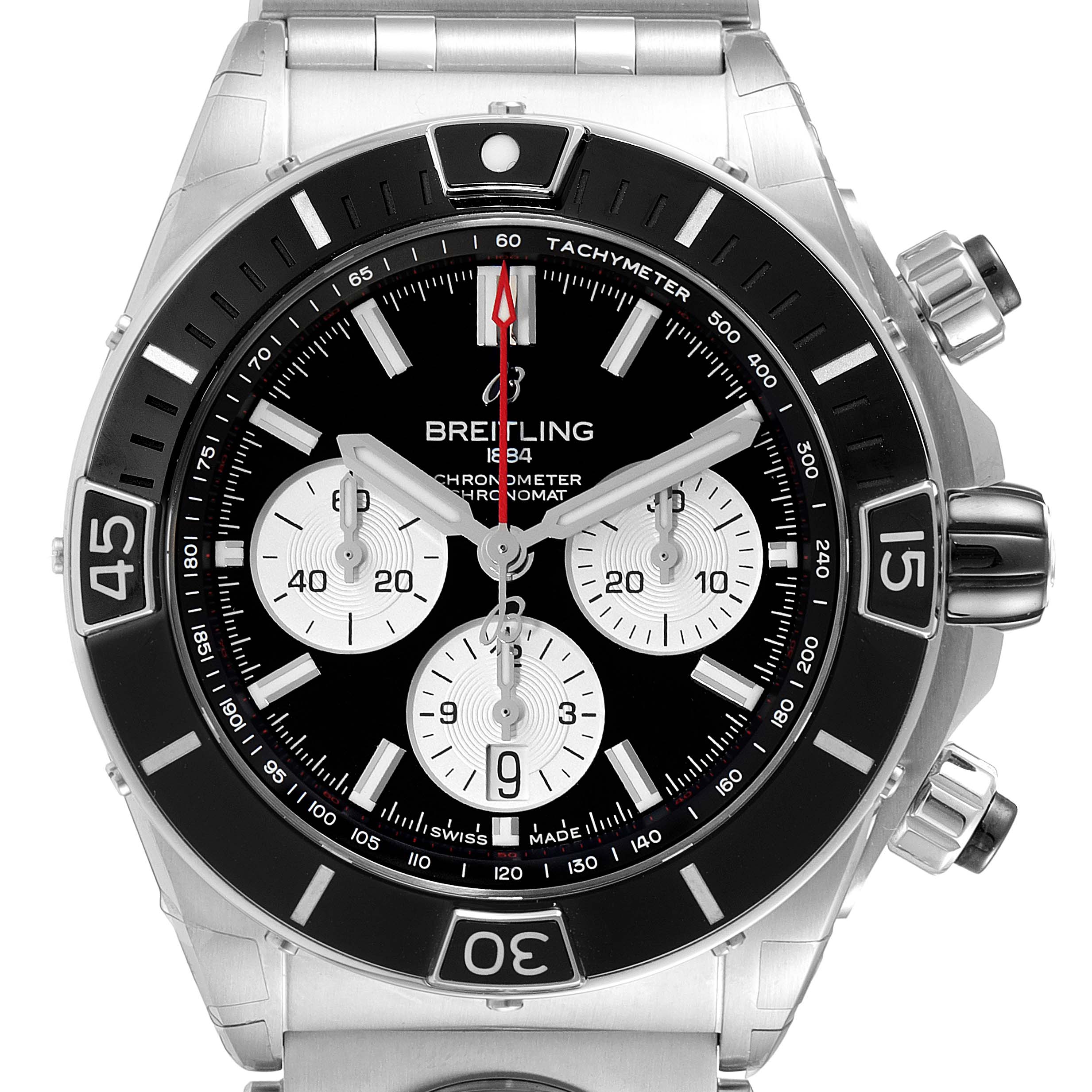 This image shows a front view of the Breitling Chronomat AB0136251B1A2 Men's Stainless Steel Black Dial AB0136251B1A2 Men's Stainless Steel Black Dial watch, highlighting its face, bezel, chronograph sub-dials, and crown.