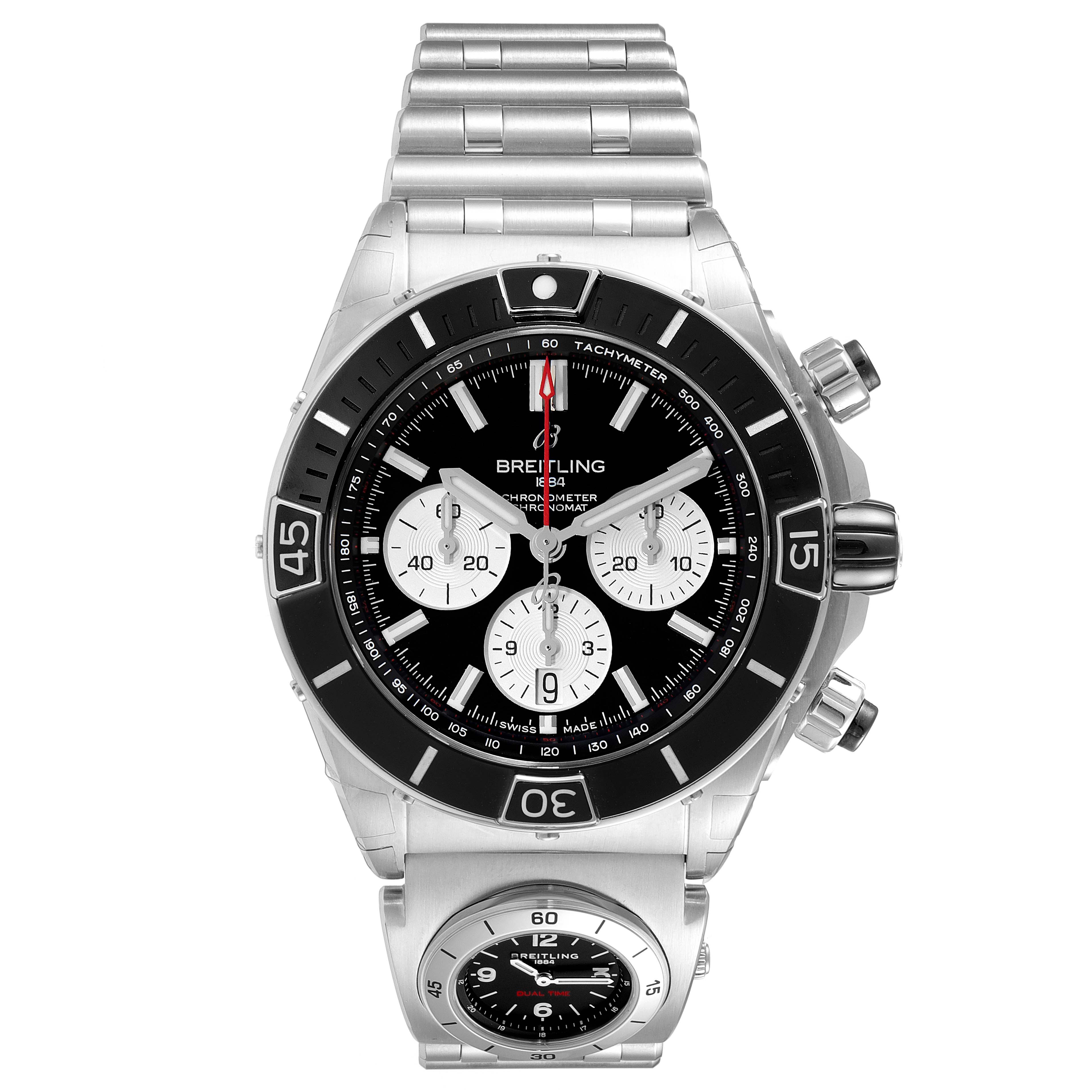 The image shows a Breitling Chronomat AB0136251B1A2 Men's Stainless Steel Black Dial AB0136251B1A2 Men's Stainless Steel Black Dial watch from a front angle, highlighting the dial, bezel, subdials, and bracelet.