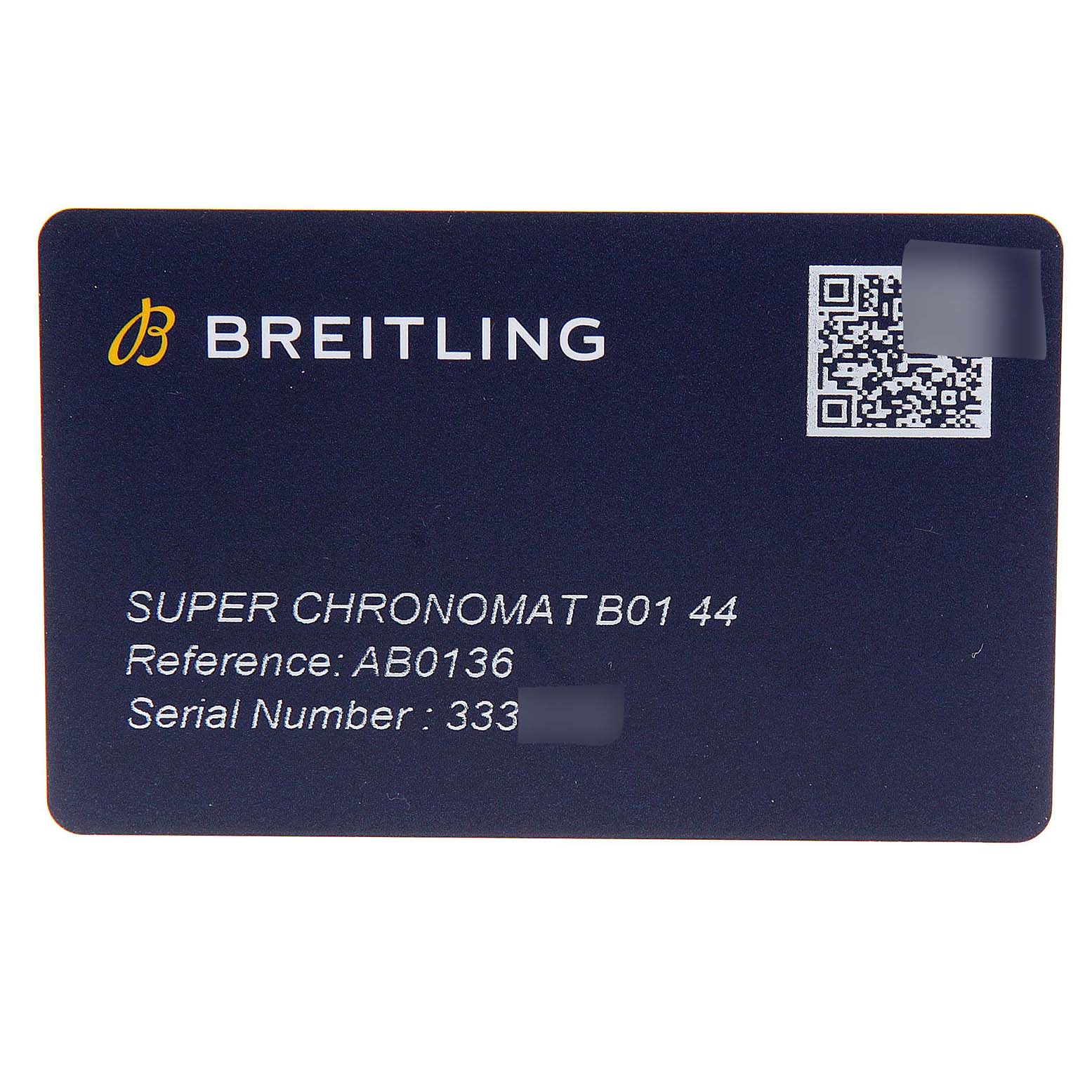 This image shows an authentication card for the Breitling Super Chronomat B01 44 watch, detailing its reference and serial number.