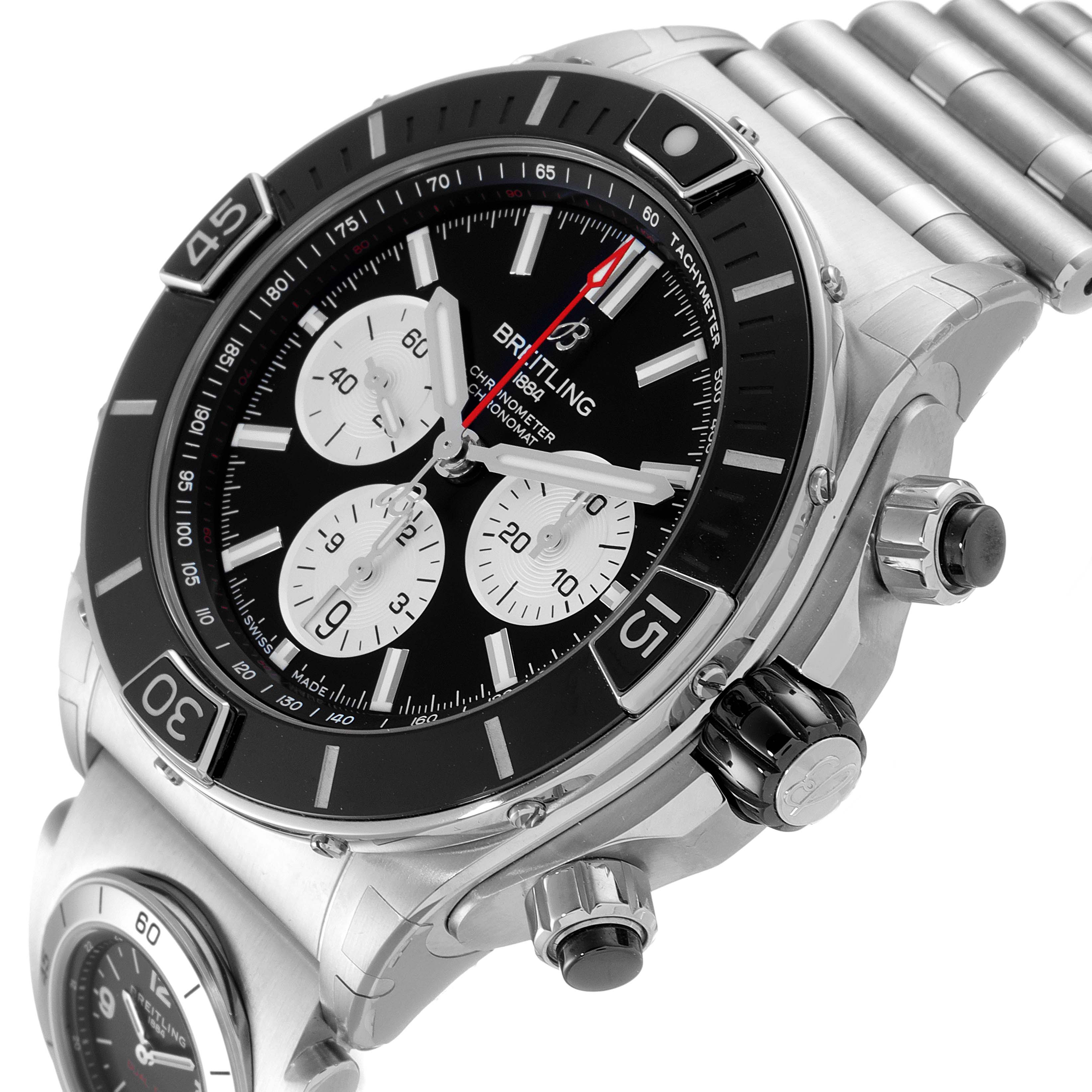 The Breitling Chronomat AB0136251B1A2 Men's Stainless Steel Black Dial AB0136251B1A2 Men's Stainless Steel Black Dial watch is shown at an angle highlighting the face, bezel, side buttons, and part of the metal strap.