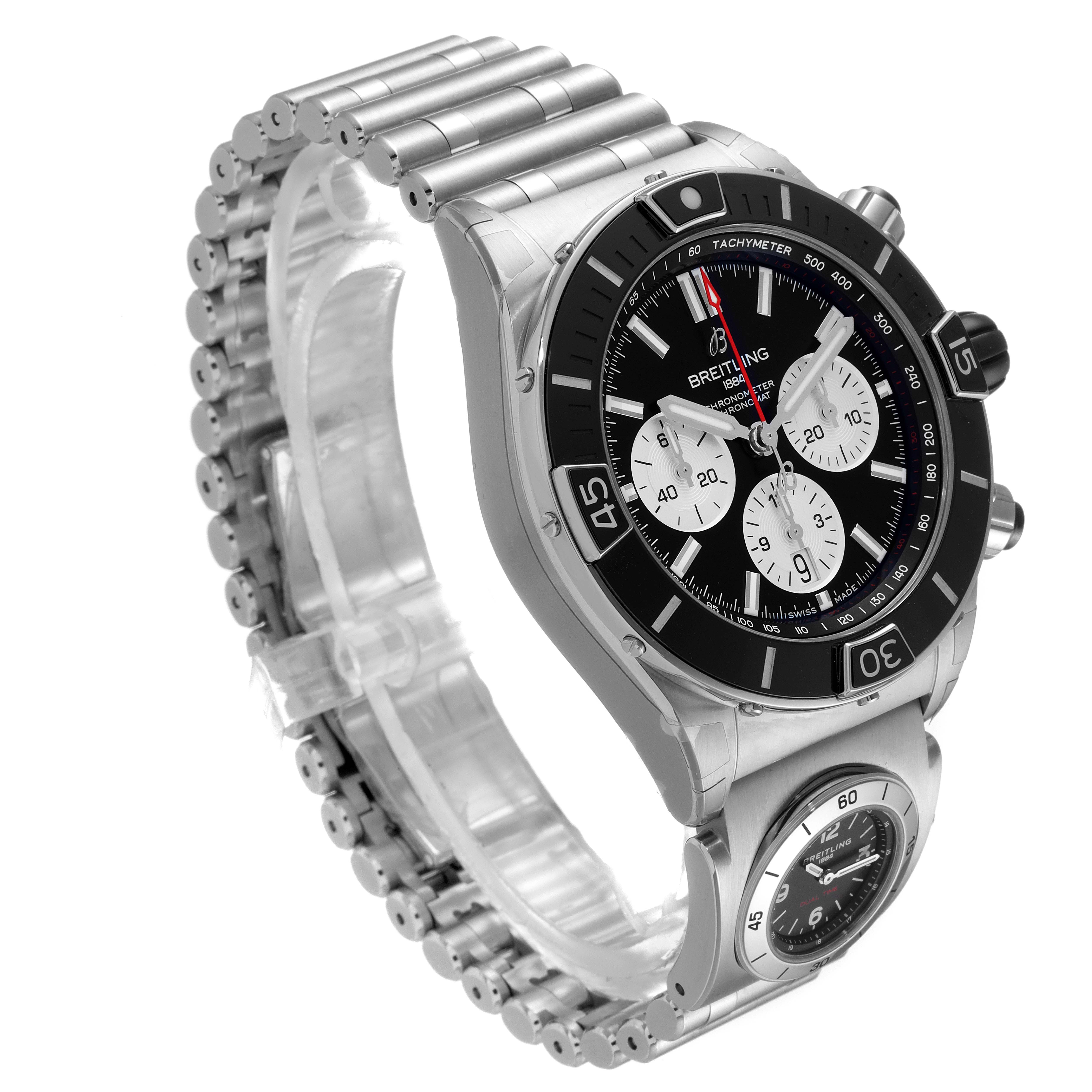 This image shows a side and slightly angled view of the Breitling Chronomat AB0136251B1A2 Men's Stainless Steel Black Dial AB0136251B1A2 Men's Stainless Steel Black Dial watch, highlighting the bracelet and chronograph dials.