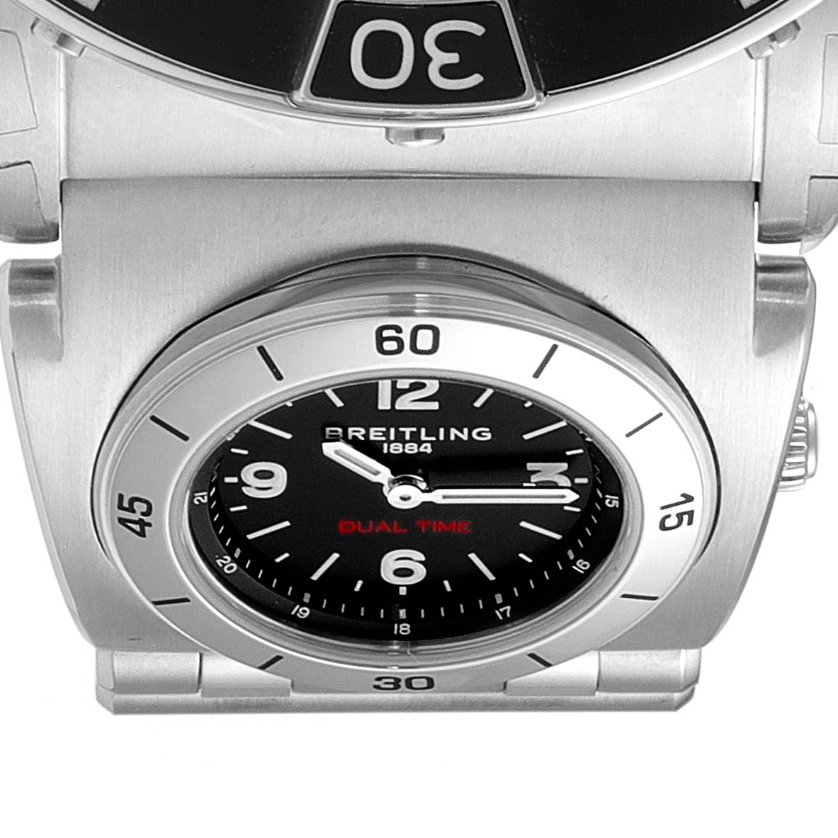 The image shows the dial and part of the bracelet of a Breitling Chronomat AB0136251B1A2 Men's Stainless Steel Black Dial AB0136251B1A2 Men's Stainless Steel Black Dial watch from a top angle.