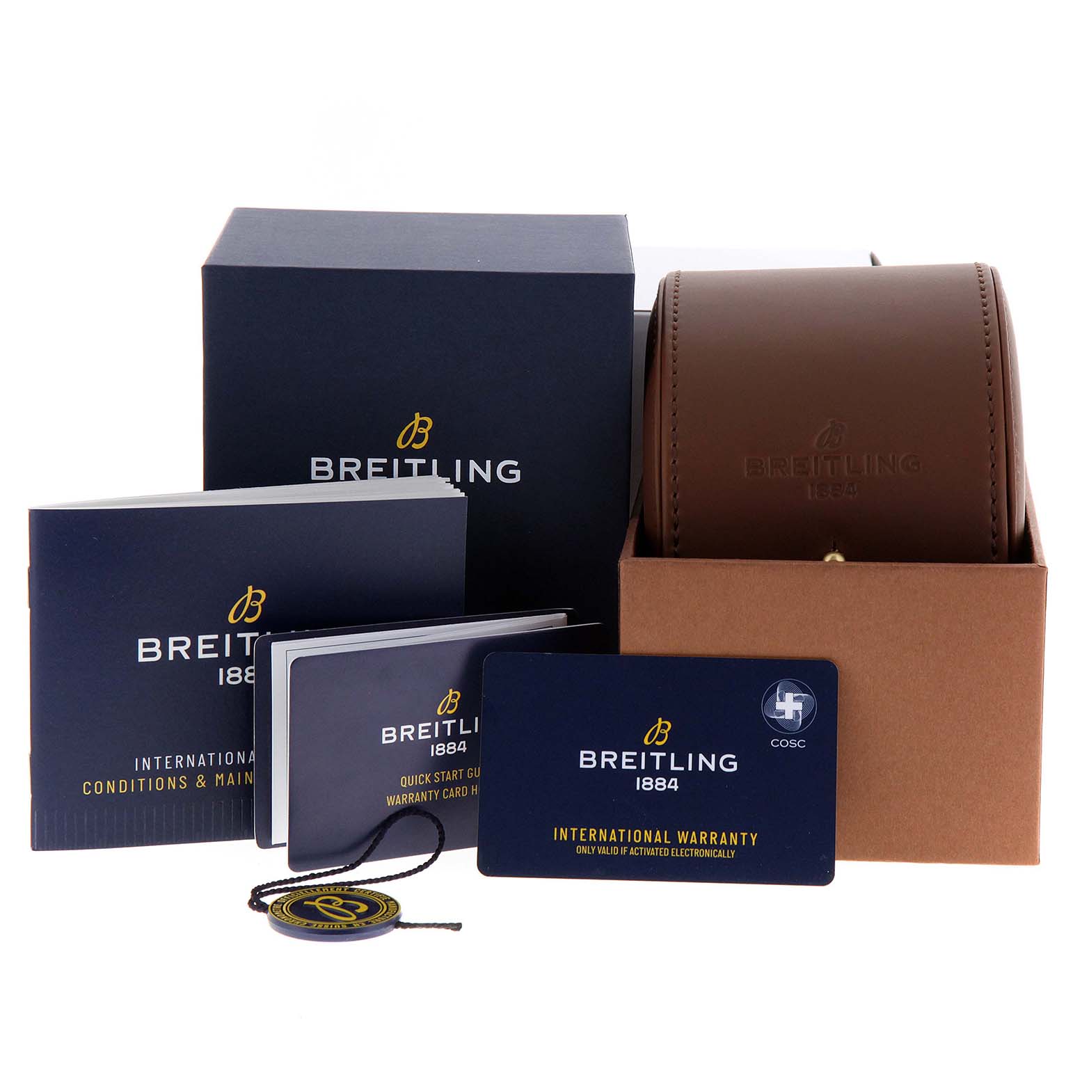 Shown are Breitling Chronomat AB0136251B1A2 Men's Stainless Steel Black Dial AB0136251B1A2 Men's Stainless Steel Black Dial accessories including boxes, manuals, an international warranty card, and a watch case.