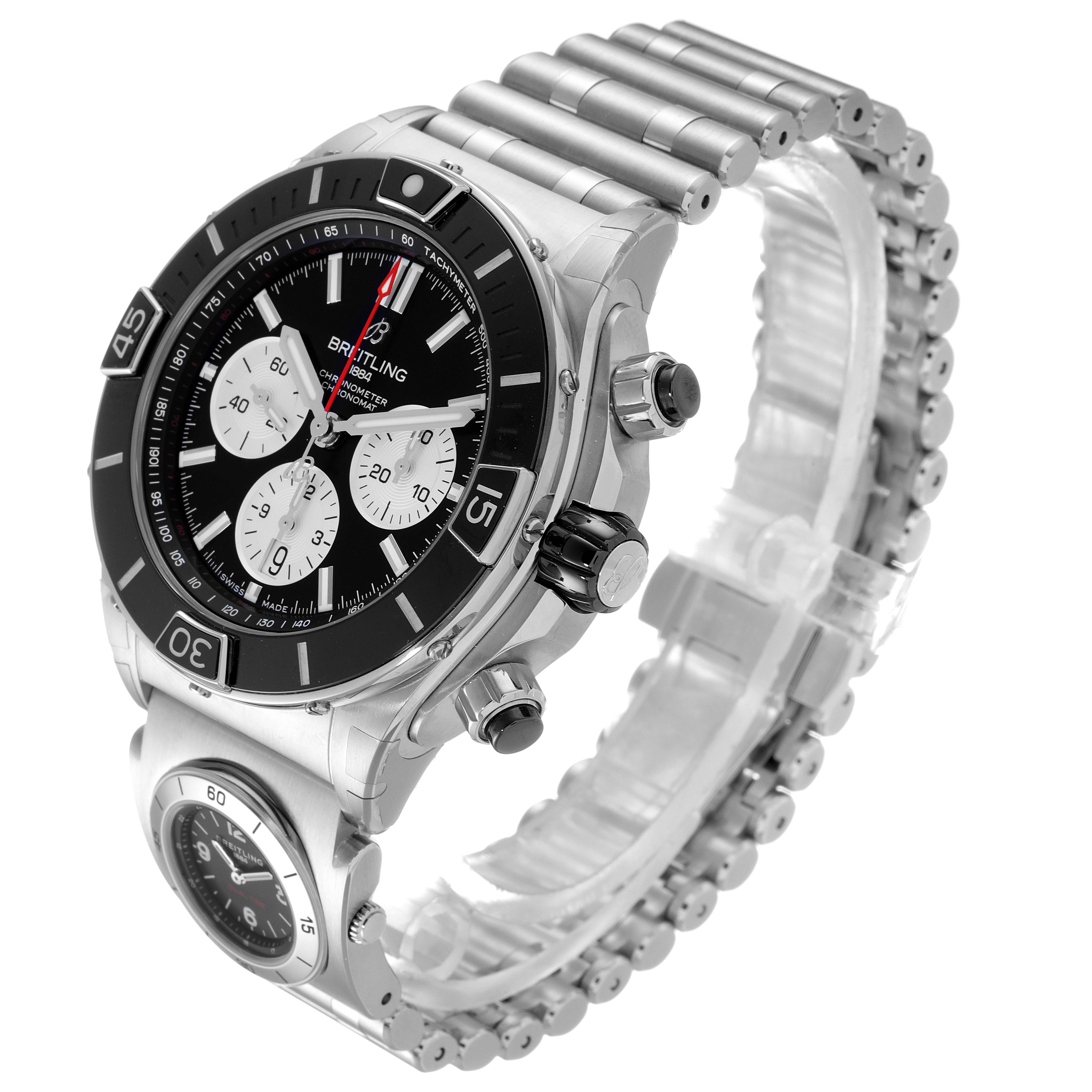 The Breitling Chronomat AB0136251B1A2 Men's Stainless Steel Black Dial AB0136251B1A2 Men's Stainless Steel Black Dial watch is shown at an angled side view, highlighting the face, bezel, crown, pushers, and metal bracelet.