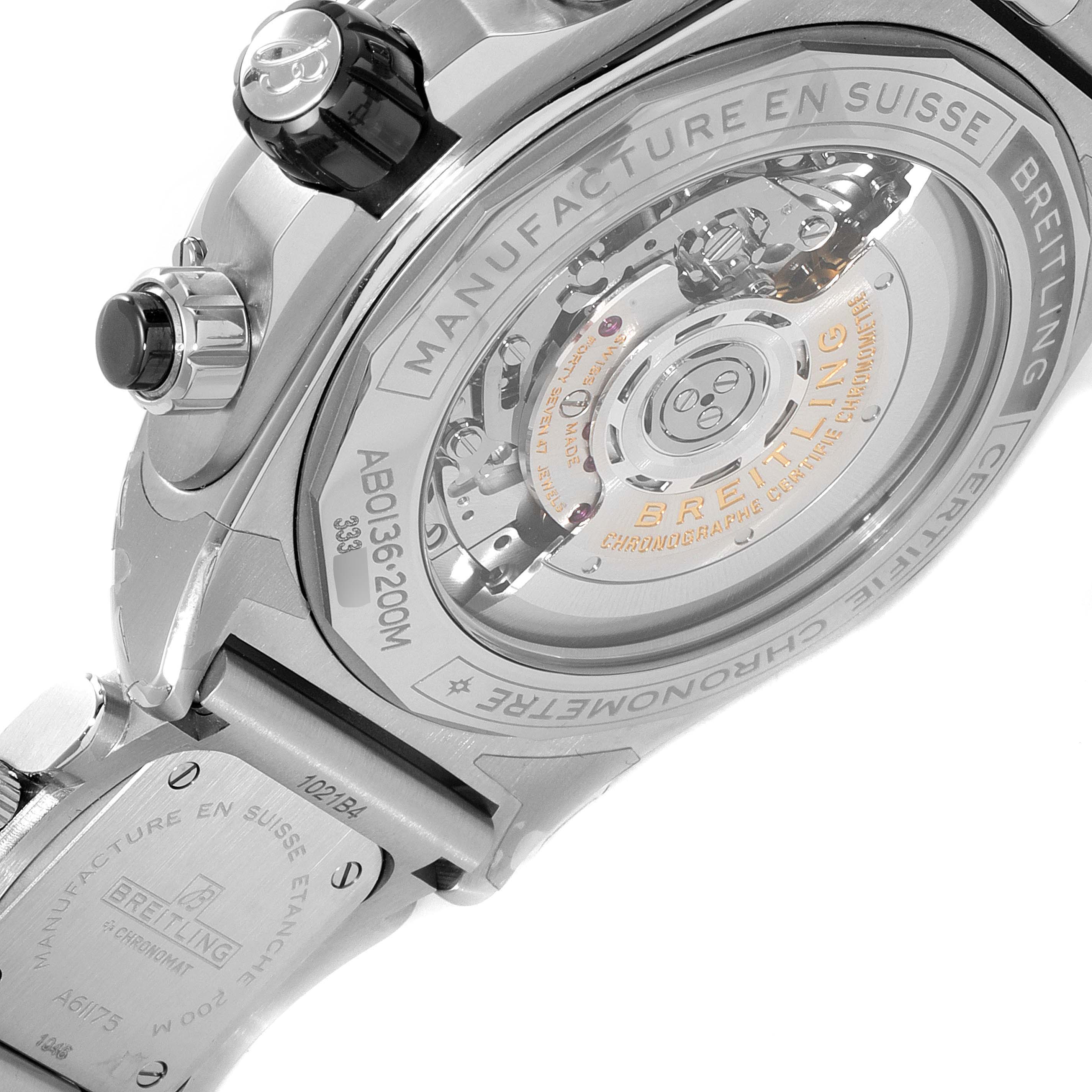 The image shows the back of the Breitling Chronomat AB0136251B1A2 Men's Stainless Steel Black Dial AB0136251B1A2 Men's Stainless Steel Black Dial watch, highlighting its movement and engraving details.