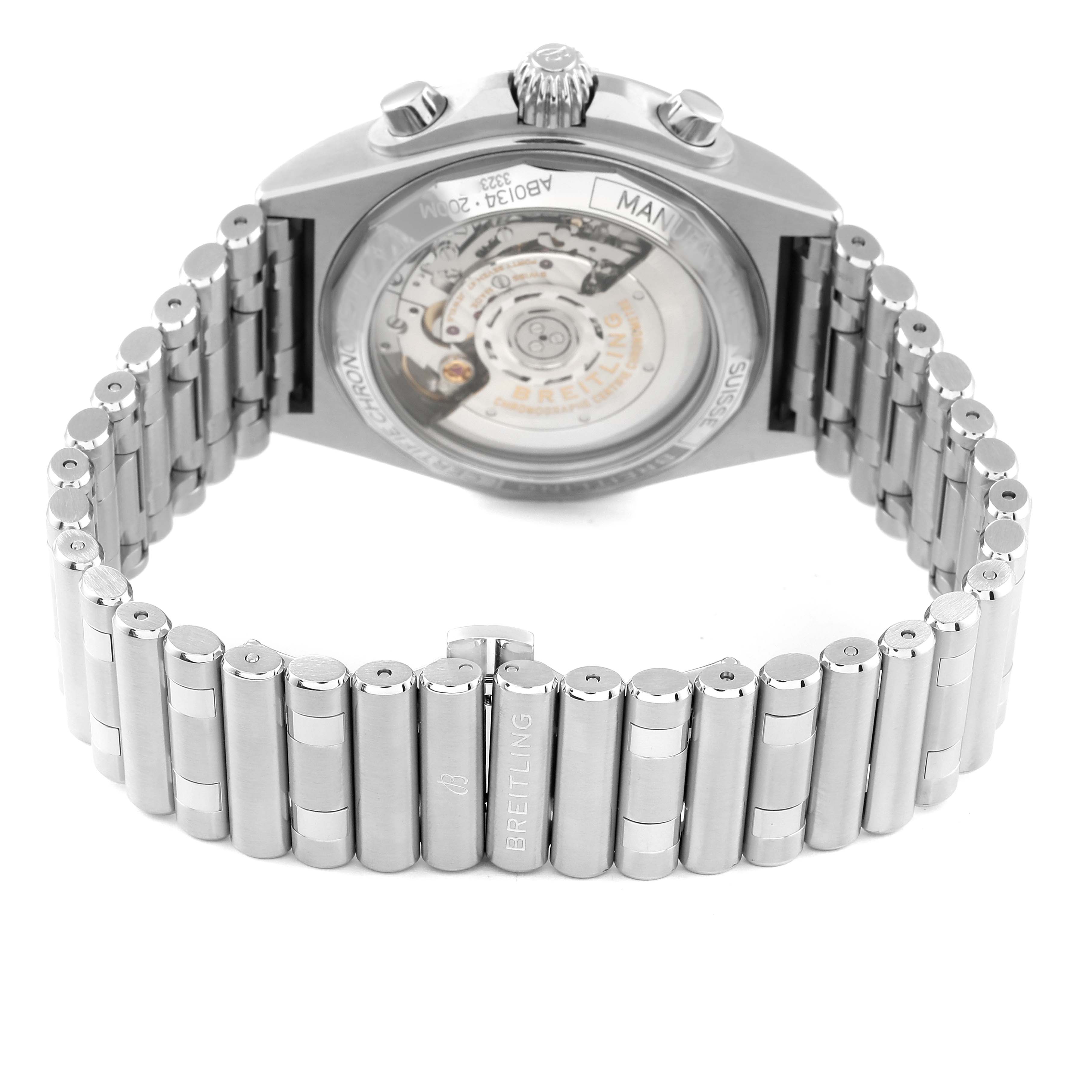 The image shows the back case and bracelet of a Breitling Chronomat AB0134 Men
s Stainless Steel Silver Dial AB0134 Men
s Stainless Steel Silver Dial watch, highlighting the intricate movement and stainless steel links.