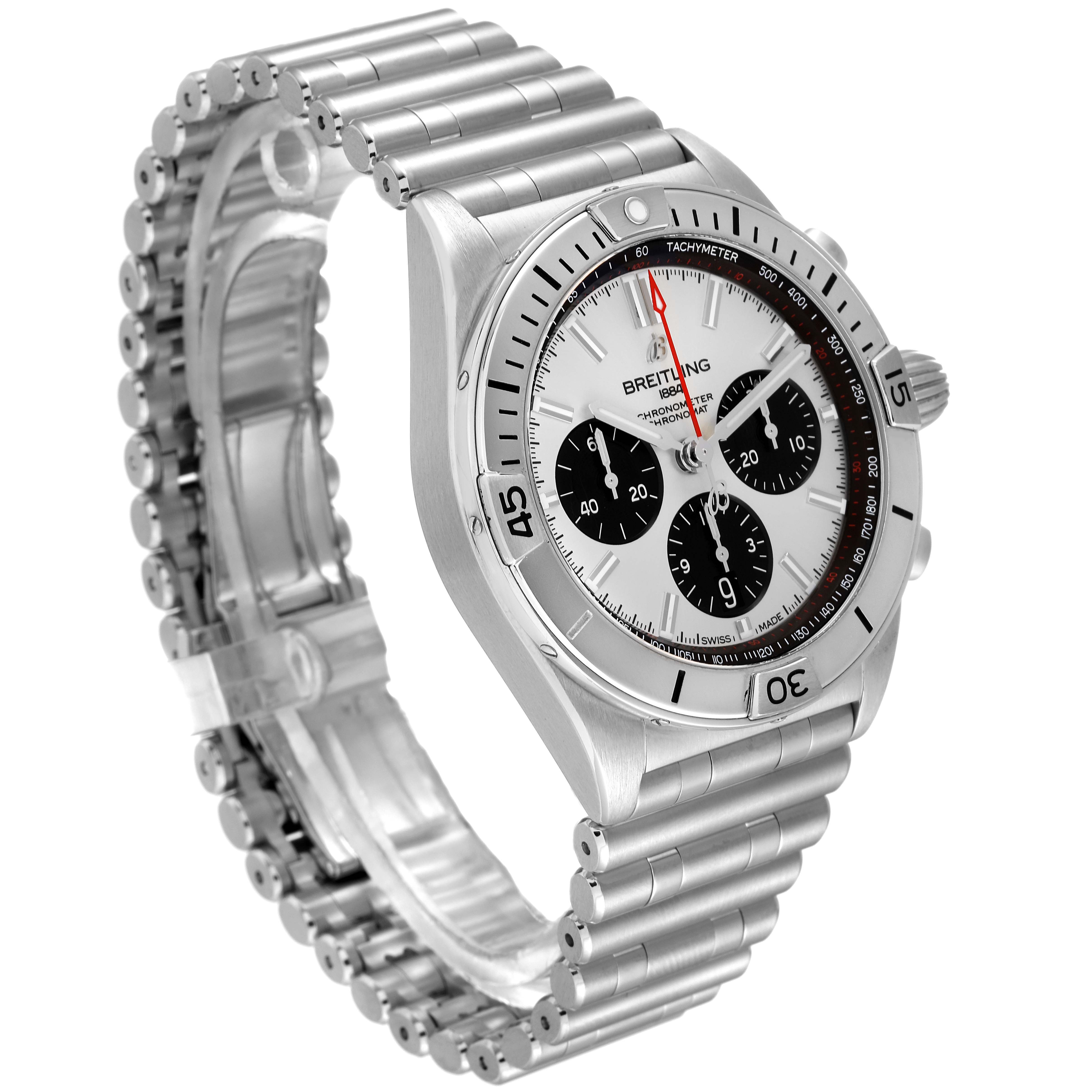 The image shows a side angle view of a Breitling Chronomat AB0134 Men
s Stainless Steel Silver Dial AB0134 Men
s Stainless Steel Silver Dial watch, highlighting its face, bezel, crown, and metal bracelet.