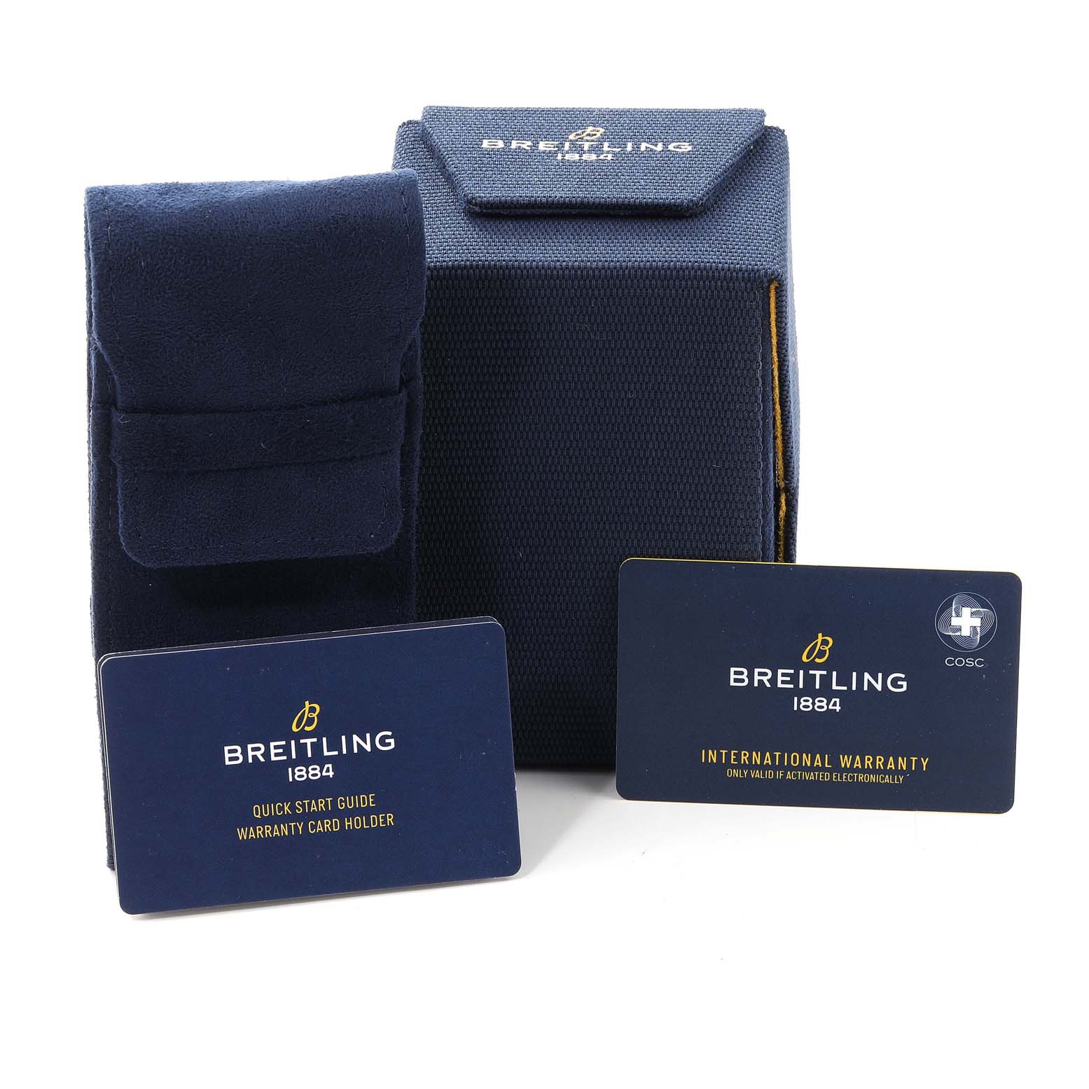The image shows the packaging, quick start guide, warranty card holder, and international warranty card for the Breitling Chronomat AB0134 Men
s Stainless Steel Silver Dial AB0134 Men
s Stainless Steel Silver Dial model.