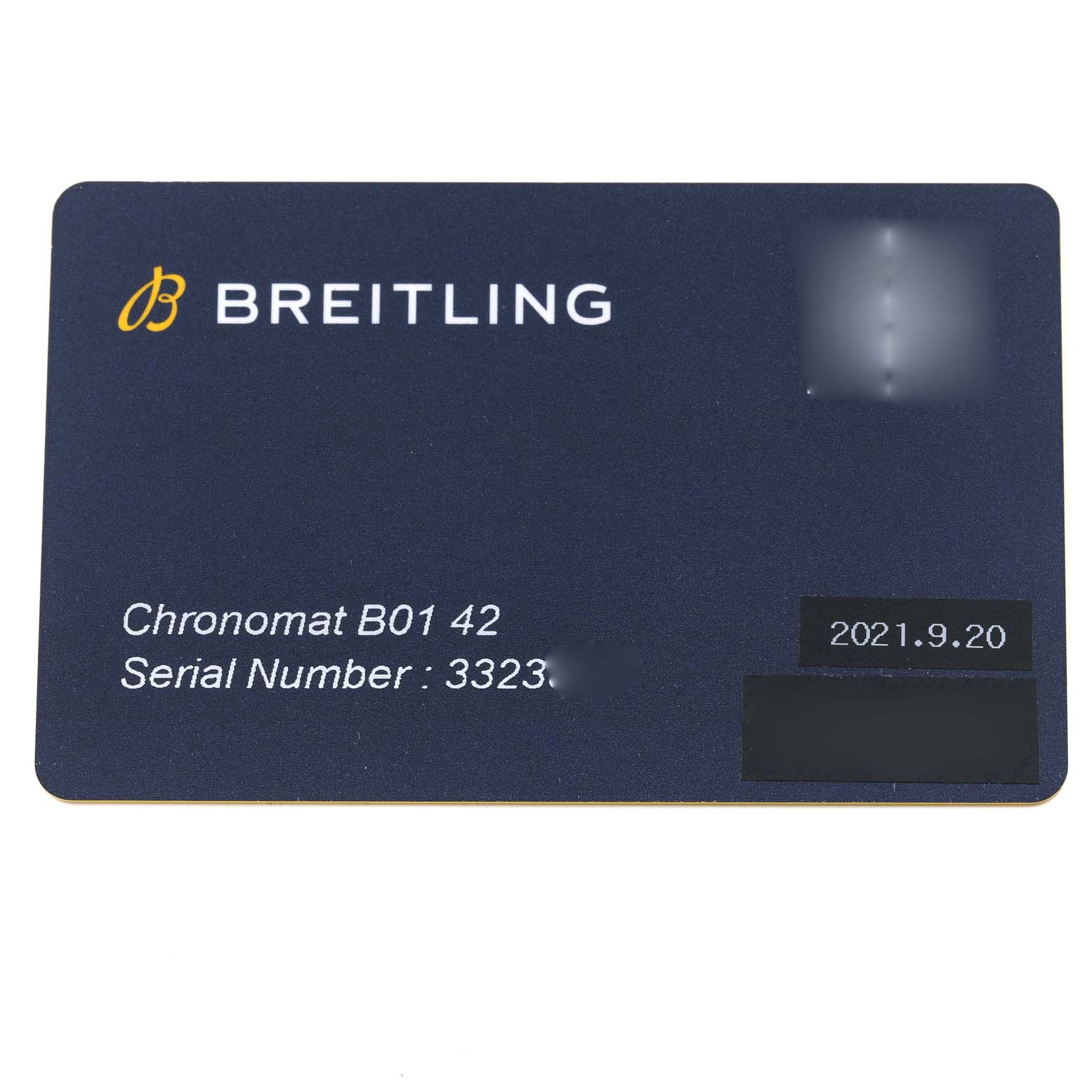 This image shows the warranty card for a Breitling Chronomat AB0134 Men
s Stainless Steel Silver Dial AB0134 Men
s Stainless Steel Silver Dial B01 42 watch, indicating the model, serial number, and date of purchase.
