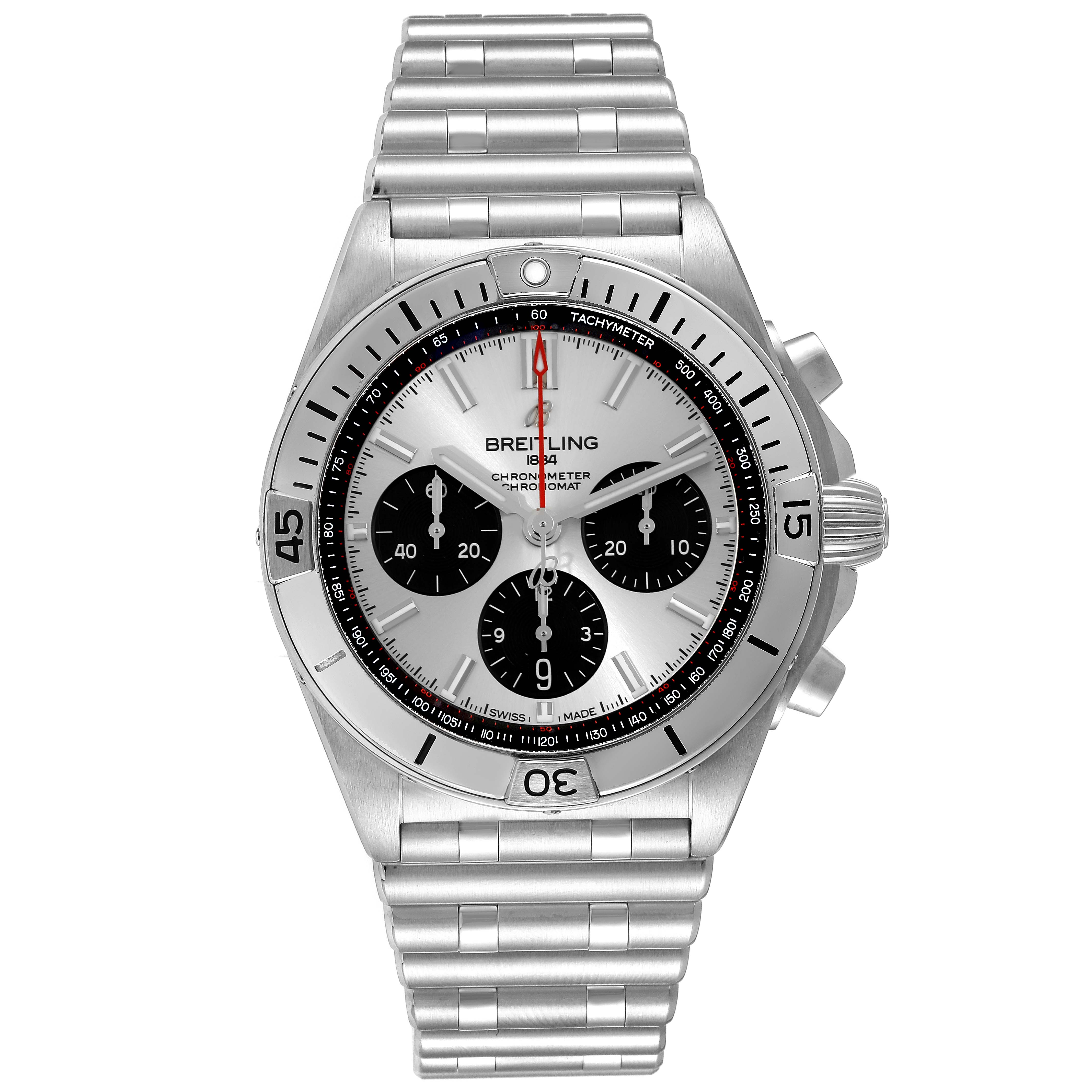 The image shows a front view of the Breitling Chronomat AB0134 Men
s Stainless Steel Silver Dial AB0134 Men
s Stainless Steel Silver Dial watch displaying its face, bezel, crown, and bracelet.