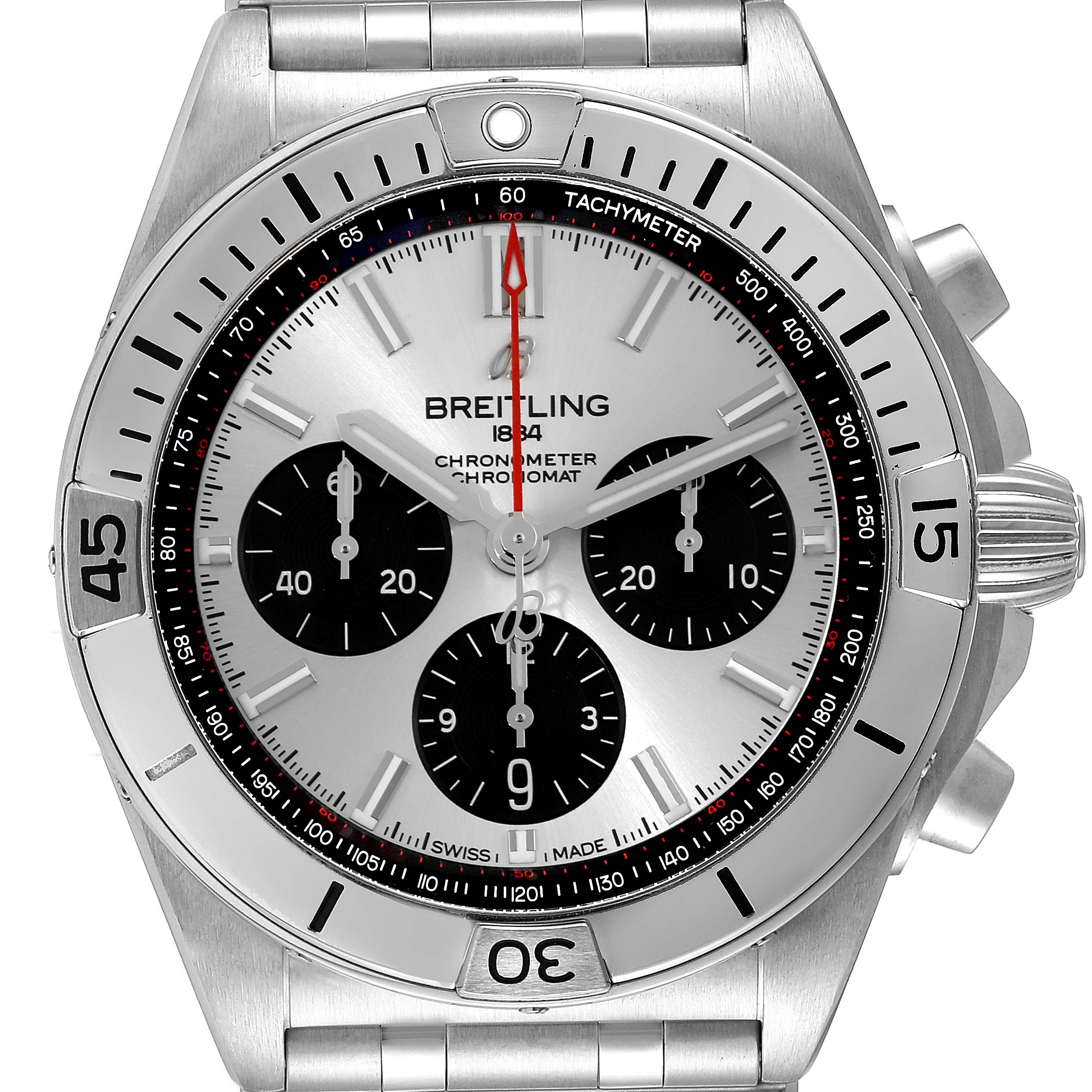 The image shows a front view of a Breitling Chronomat AB0134 Men
s Stainless Steel Silver Dial AB0134 Men
s Stainless Steel Silver Dial watch, displaying its dial, chronograph sub-dials, and crown.