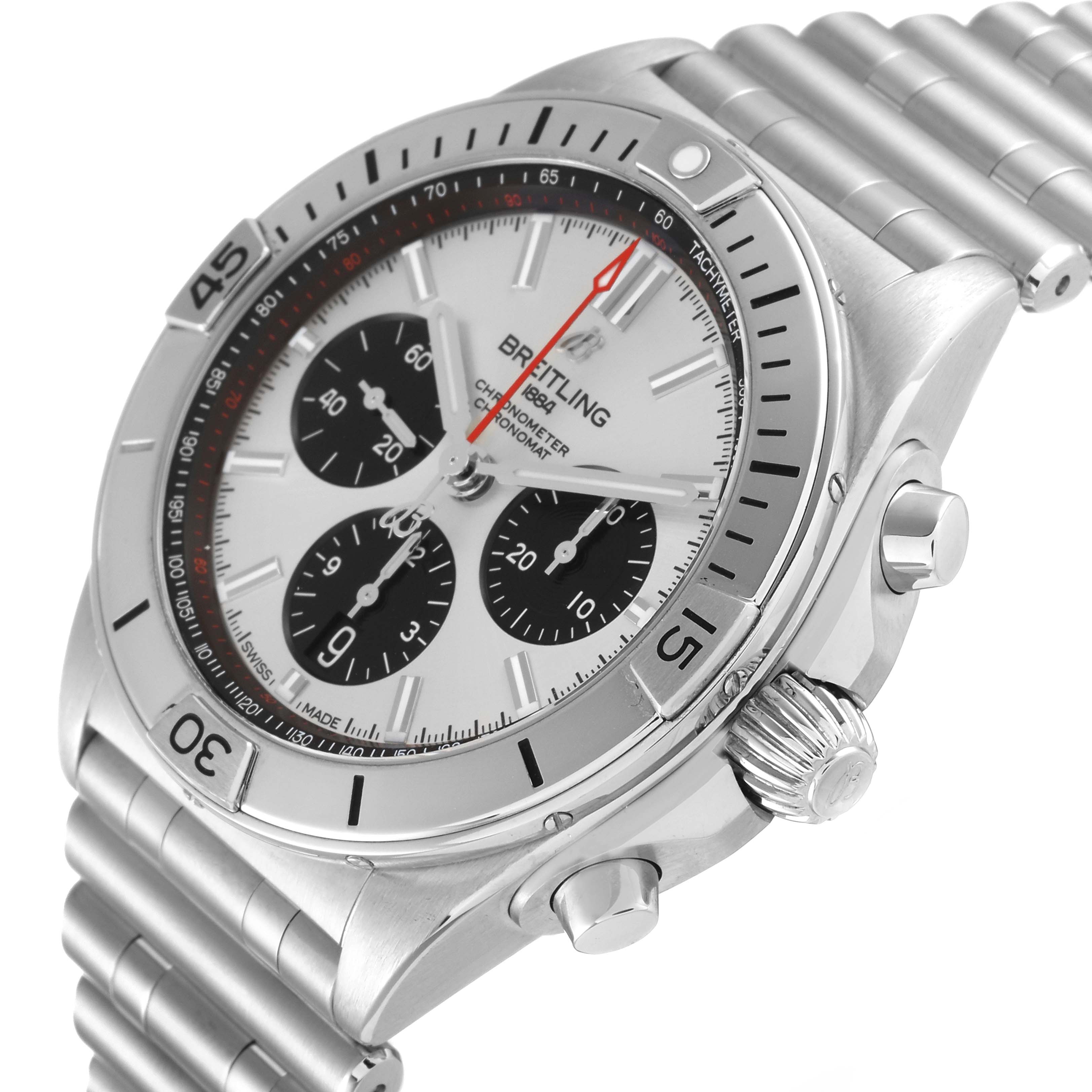 This image shows a side angle of a Breitling Chronomat AB0134 Men
s Stainless Steel Silver Dial AB0134 Men
s Stainless Steel Silver Dial watch, highlighting the dial, bezel, crown, pushers, and bracelet.