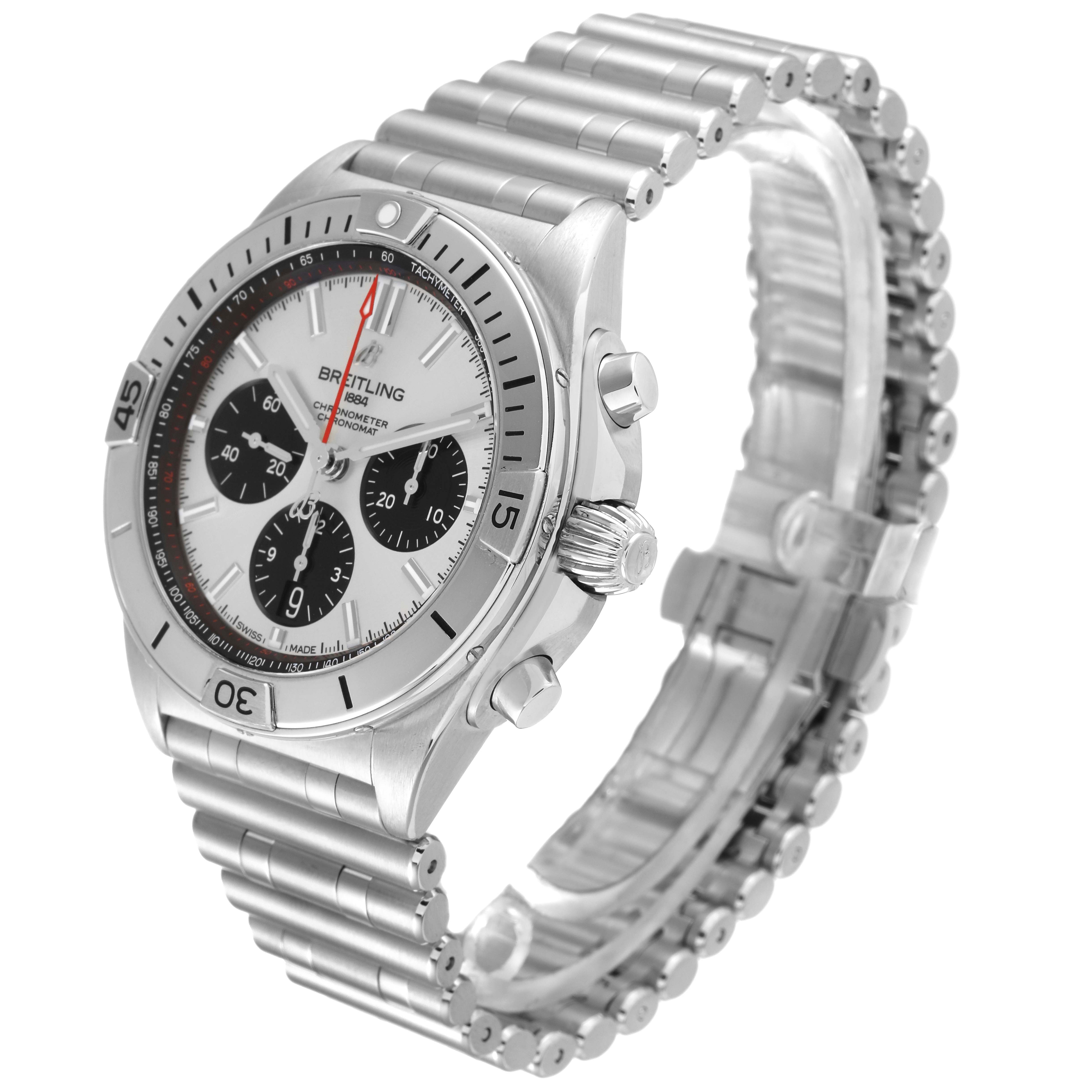 The image shows a side angle of the Breitling Chronomat AB0134 Men
s Stainless Steel Silver Dial AB0134 Men
s Stainless Steel Silver Dial watch, highlighting the bezel, dial, chronograph buttons, and metal bracelet.