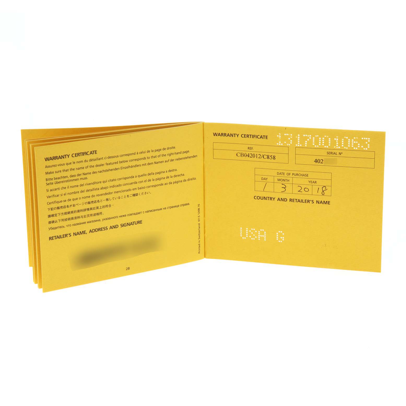 This image shows the open warranty certificate booklet for the Breitling Chronomat CB042012/BB86 Men's Steel and Gold (two tone) Blue Dial CB042012/BB86 Men's Steel and Gold (two tone) Blue Dial model watch.