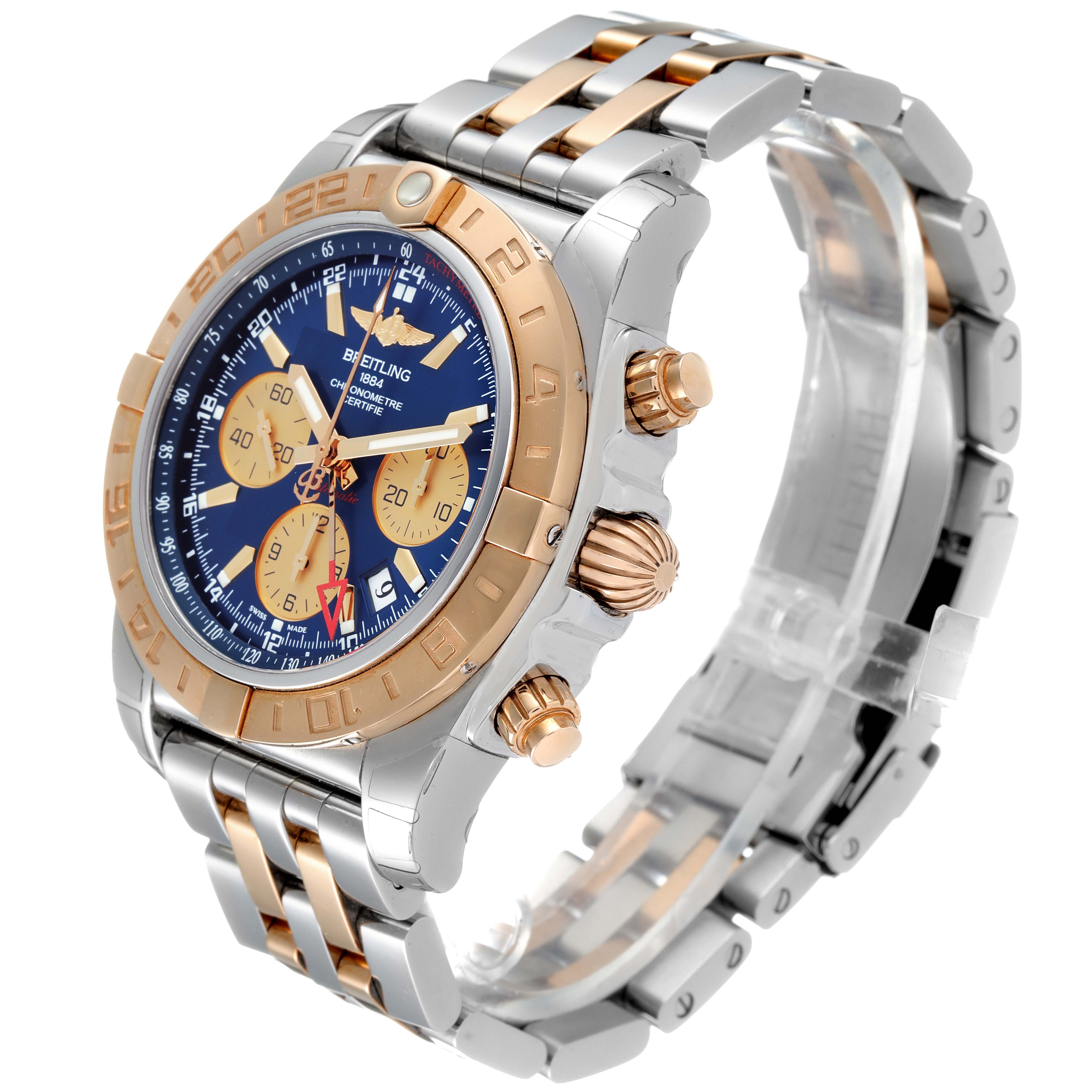 The image shows a Breitling Chronomat CB042012/BB86 Men's Steel and Gold (two tone) Blue Dial CB042012/BB86 Men's Steel and Gold (two tone) Blue Dial watch angled from the front-left, highlighting the face, bezel, crown, and bracelet.