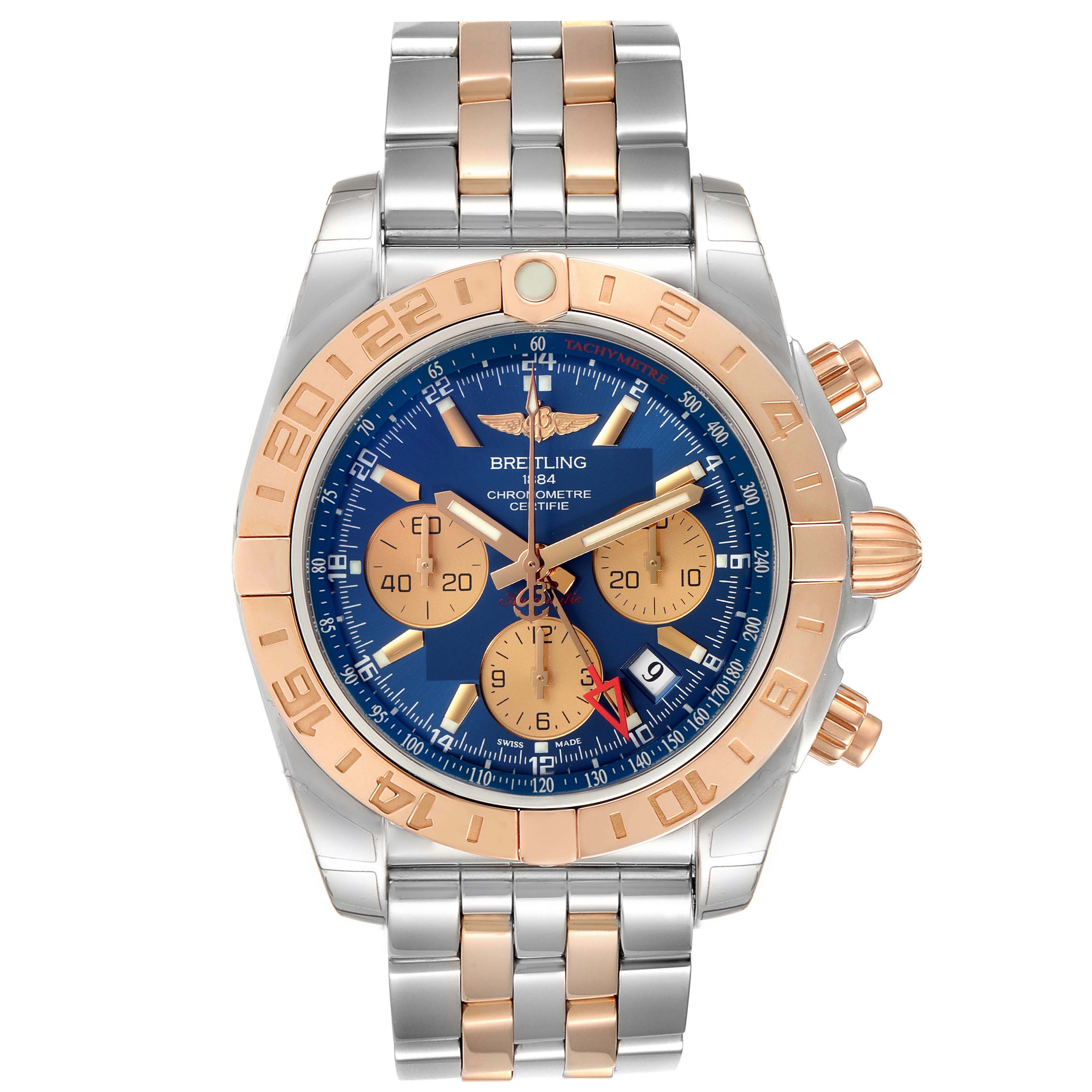 The image shows a front view of a Breitling Chronomat CB042012/BB86 Men's Steel and Gold (two tone) Blue Dial CB042012/BB86 Men's Steel and Gold (two tone) Blue Dial watch with a bi-color metal bracelet and a blue dial with gold subdials and accents.