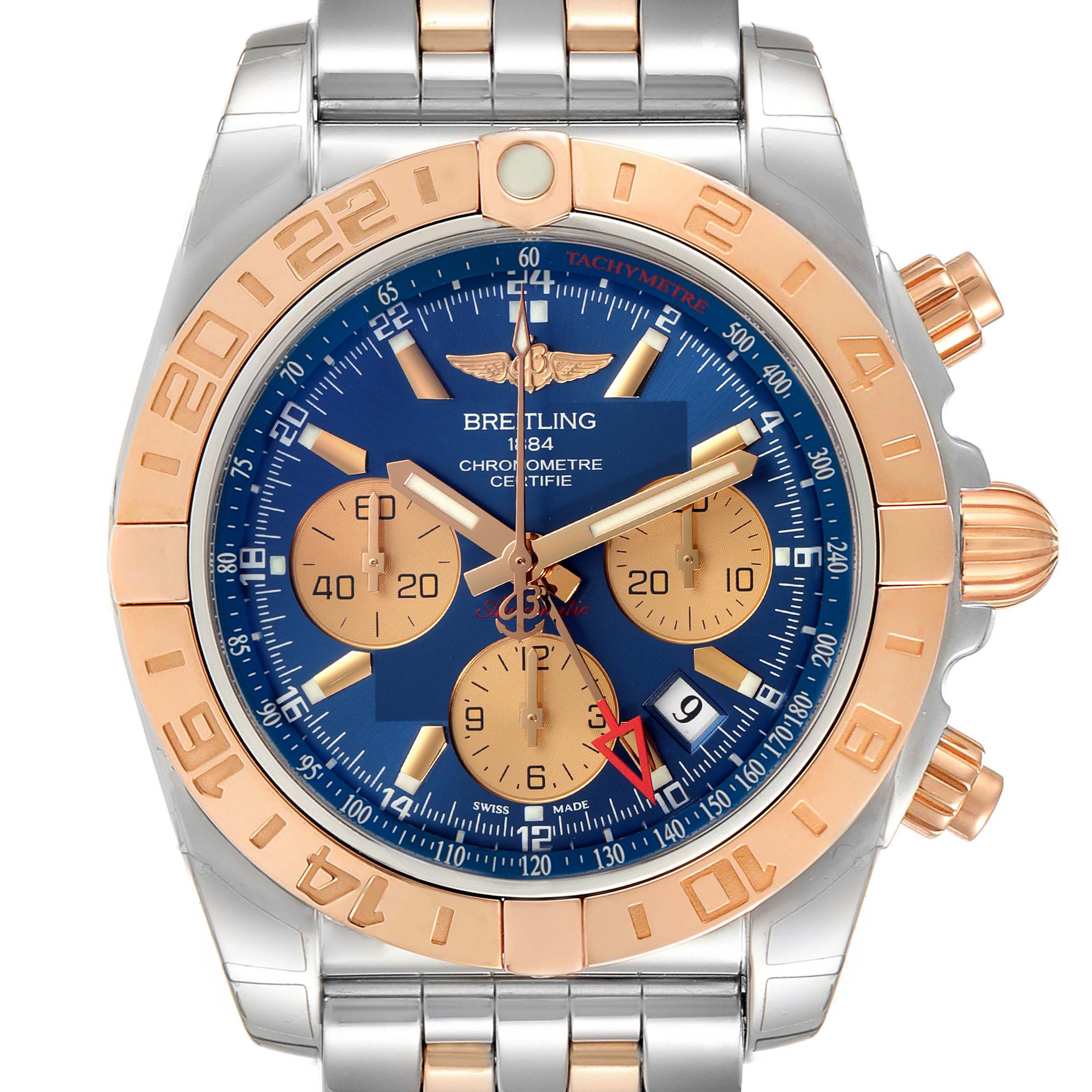 The image shows a front view of the Breitling Chronomat CB042012/BB86 Men's Steel and Gold (two tone) Blue Dial CB042012/BB86 Men's Steel and Gold (two tone) Blue Dial watch, displaying its dial, bezel, and bracelet.