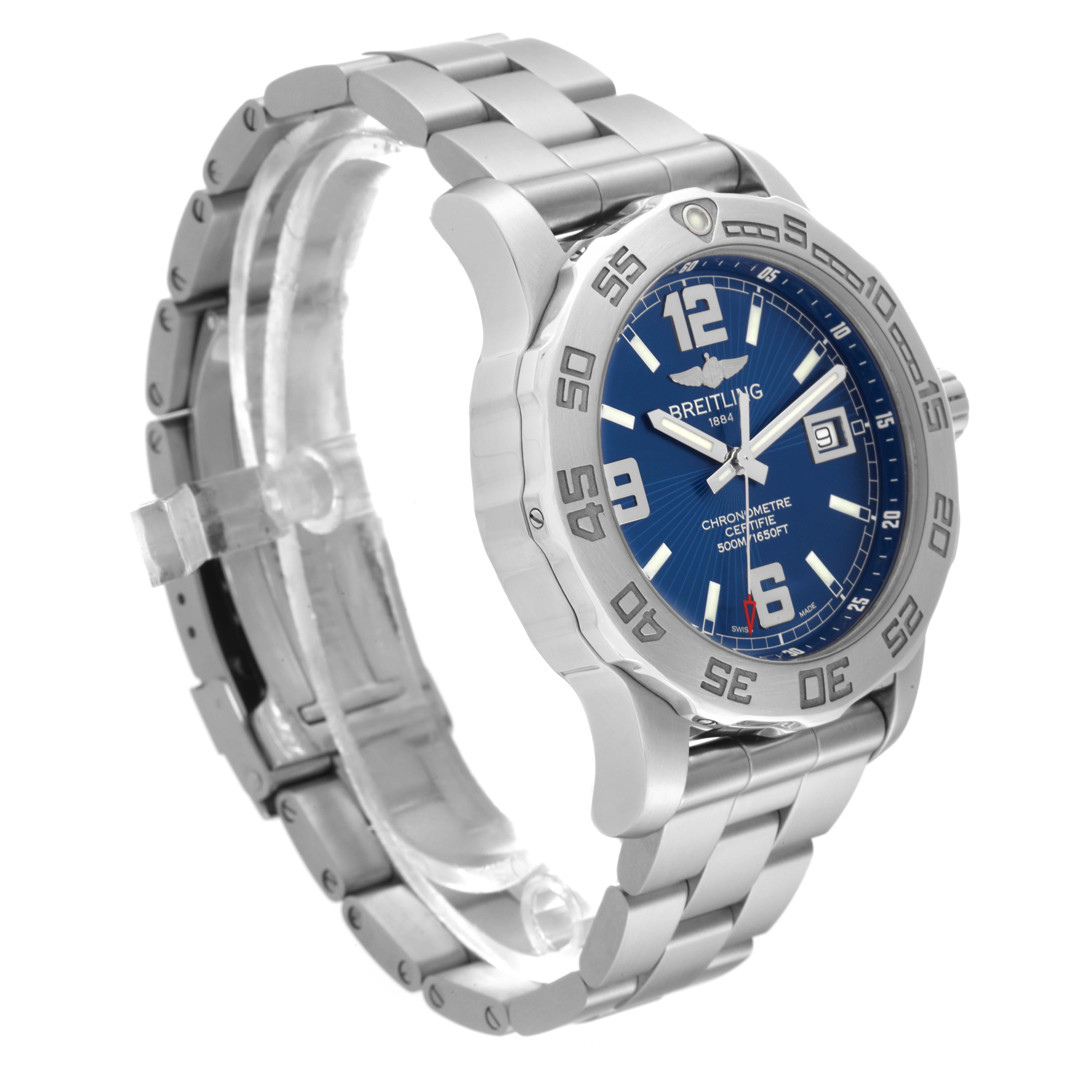 The Breitling Colt A74387 Men's Stainless Steel Blue Dial A74387 Men's Stainless Steel Blue Dial watch is shown at a three-quarter angle, highlighting its blue dial, stainless steel case, and bracelet.