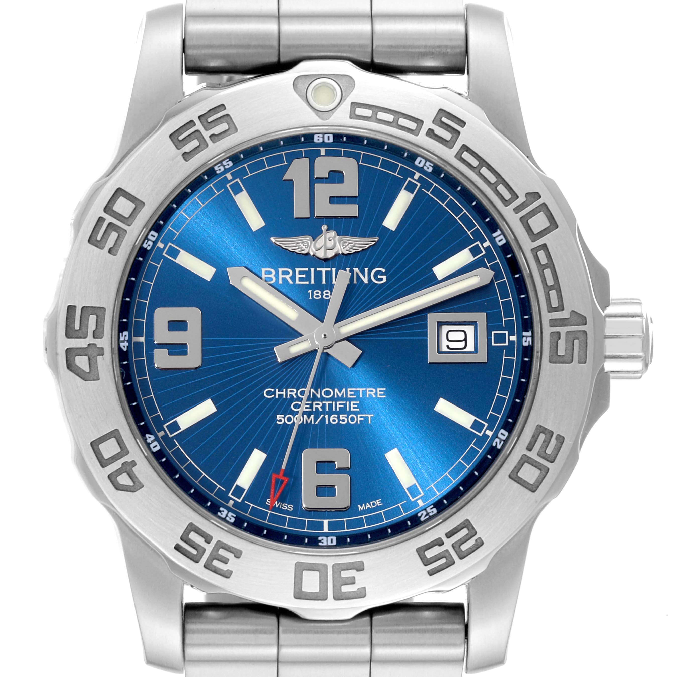 The image shows a front view of a Breitling Colt A74387 Men's Stainless Steel Blue Dial A74387 Men's Stainless Steel Blue Dial watch, highlighting its blue dial, bezel, and metal bracelet.