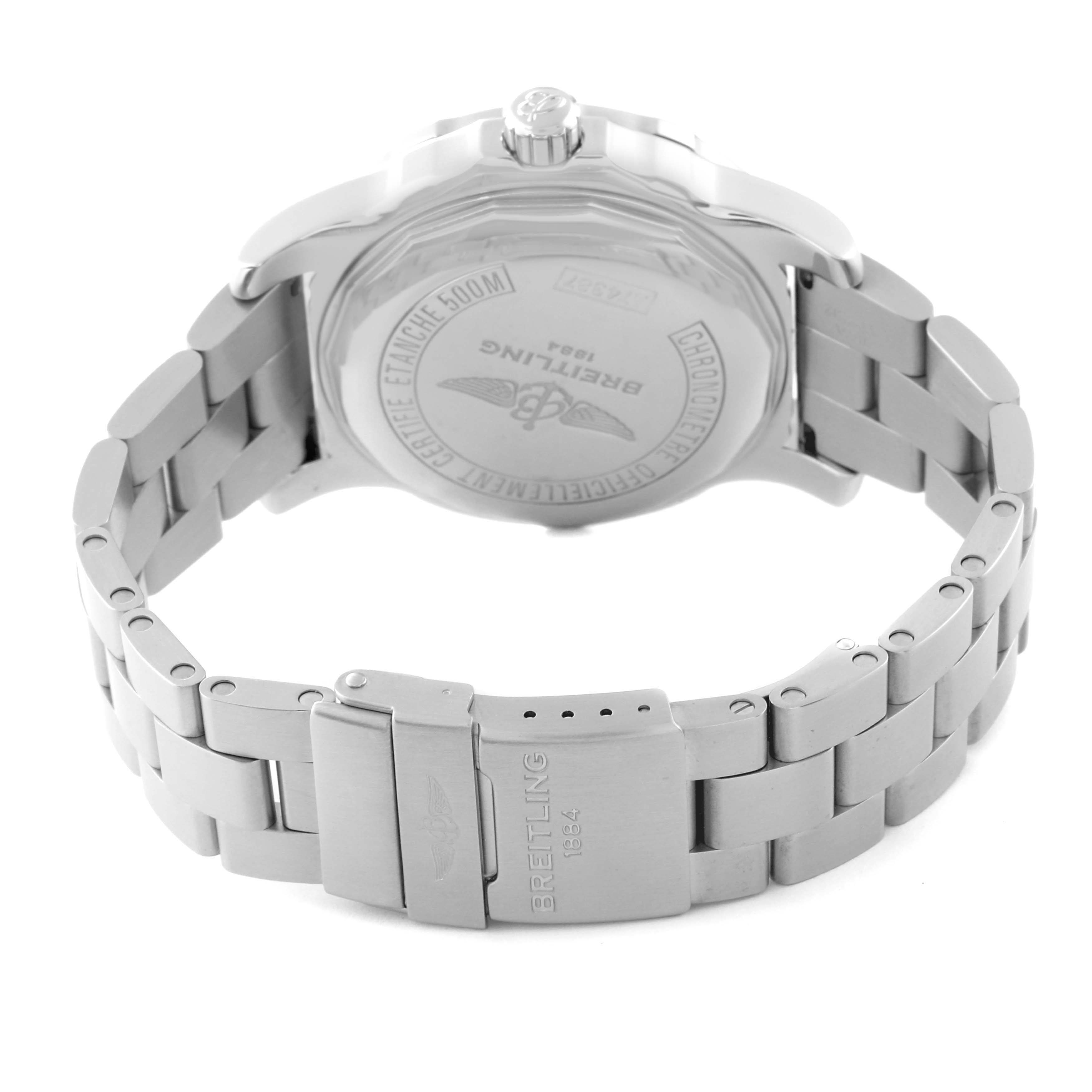 The image shows the back view of the Breitling Colt A74387 Men's Stainless Steel Blue Dial A74387 Men's Stainless Steel Blue Dial watch, displaying its case back and stainless steel bracelet with clasp.