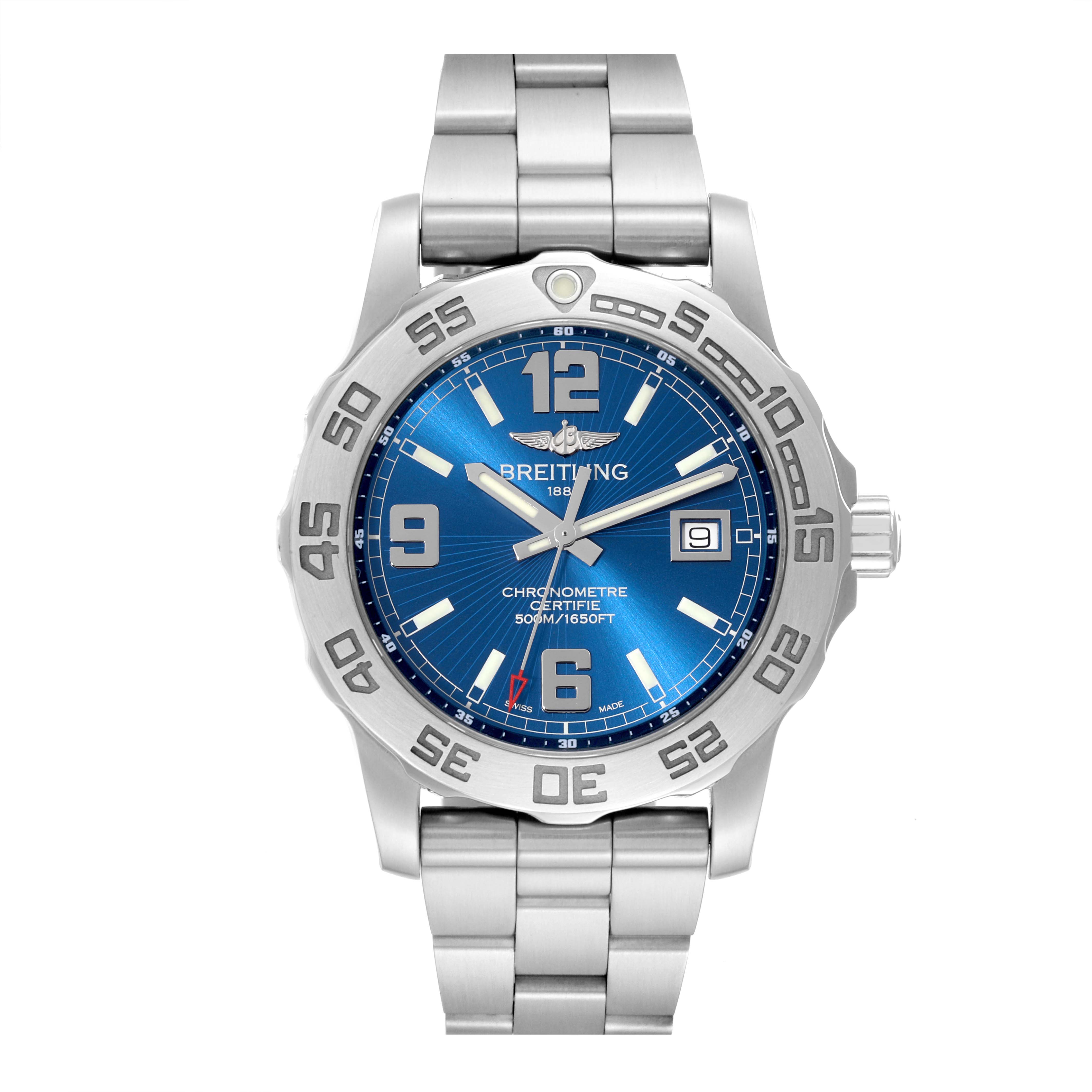 This image shows a front view of the Breitling Colt A74387 Men's Stainless Steel Blue Dial A74387 Men's Stainless Steel Blue Dial watch with a blue dial and stainless steel bracelet.