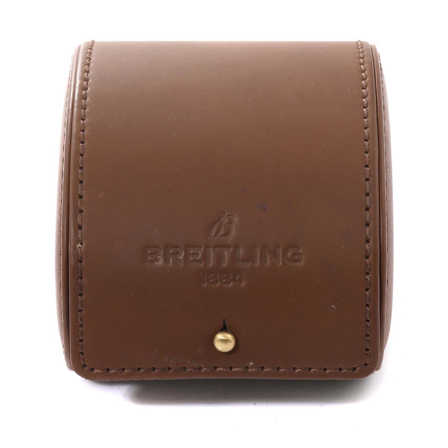 This is a front view of a brown leather case for the Breitling Colt A74387 Men's Stainless Steel Blue Dial A74387 Men's Stainless Steel Blue Dial model watch.