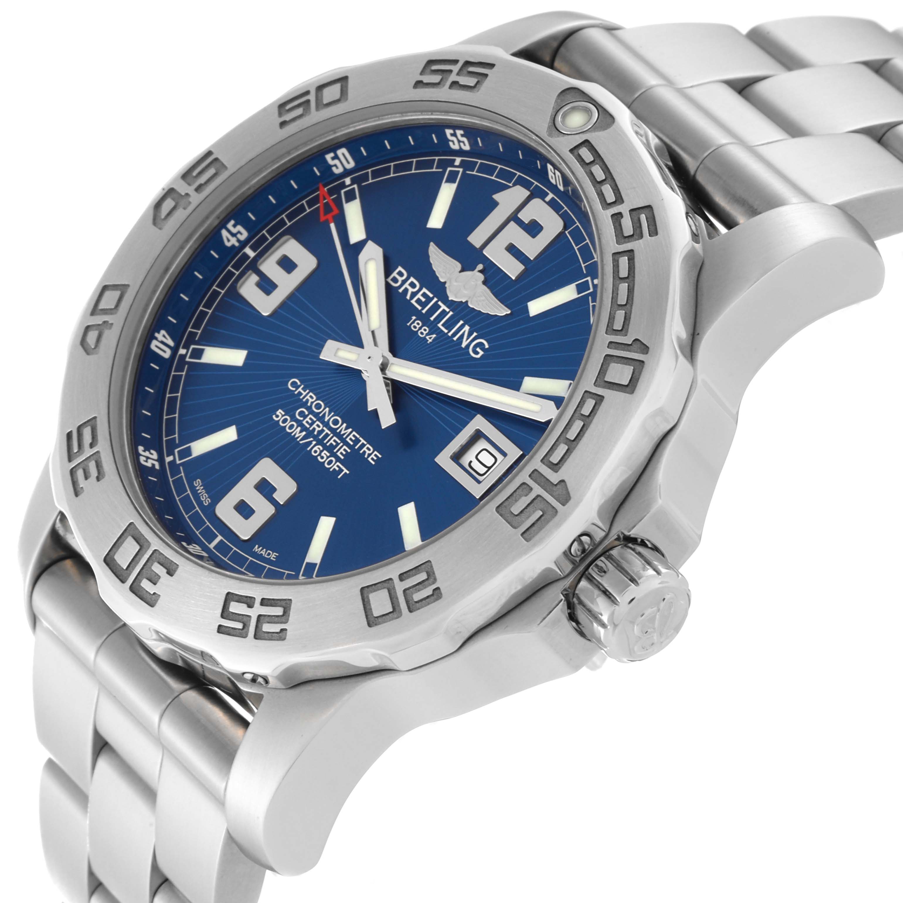 This image shows the Breitling Colt A74387 Men's Stainless Steel Blue Dial A74387 Men's Stainless Steel Blue Dial watch at a three-quarter angle, highlighting the blue dial, bezel, and part of the bracelet.