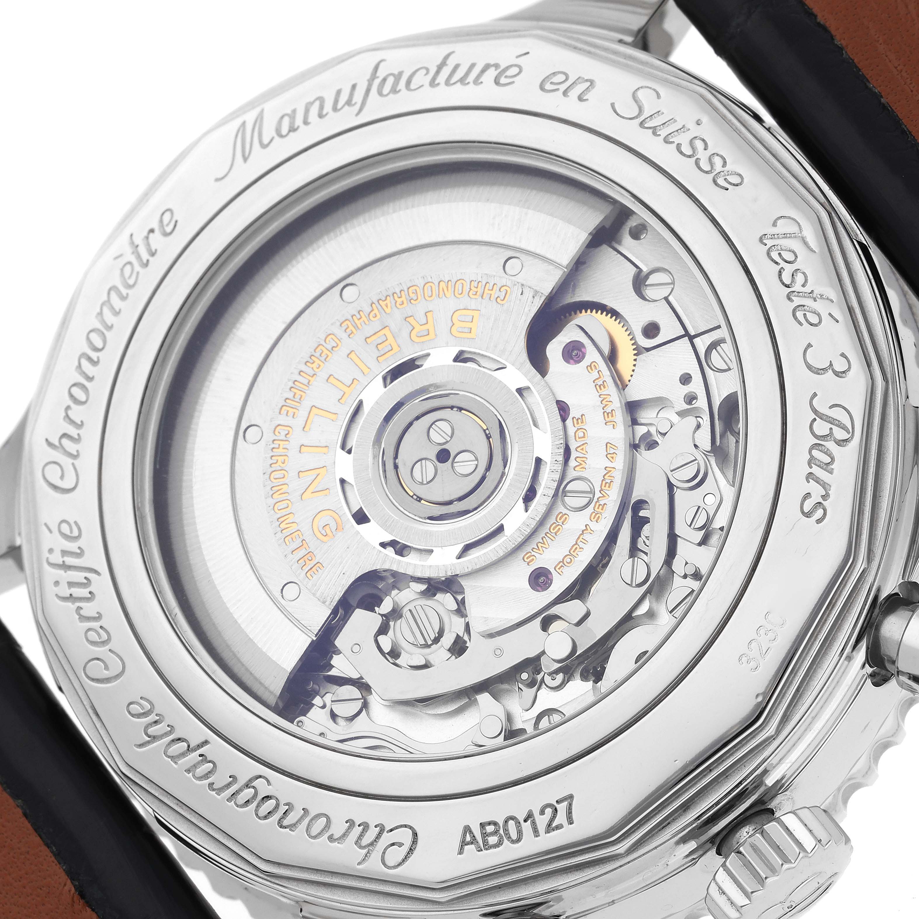 This image shows the back view of a Breitling Navitimer AB0127 Men
s Stainless Steel Blue Dial AB0127 Men
s Stainless Steel Blue Dial watch, highlighting its mechanical movement and rotor.