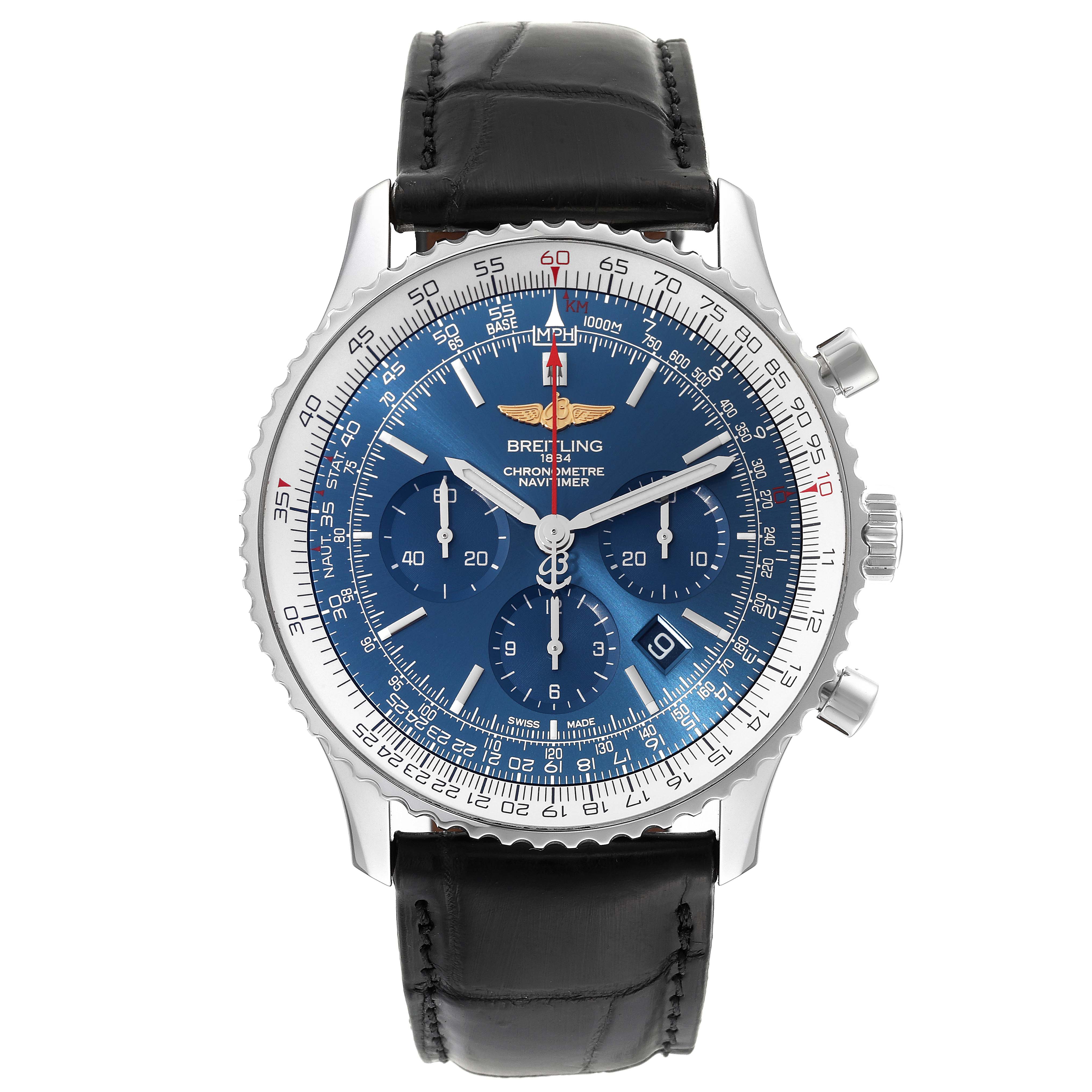The Breitling Navitimer AB0127 Men
s Stainless Steel Blue Dial AB0127 Men
s Stainless Steel Blue Dial watch is shown from a front angle, displaying its blue dial, chronograph subdials, and black leather strap.
