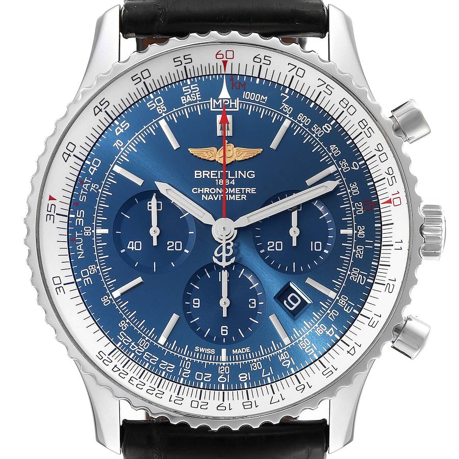 The image shows a frontal view of the Breitling Navitimer watch, highlighting its blue dial, chronograph subdials, and bezel markings.