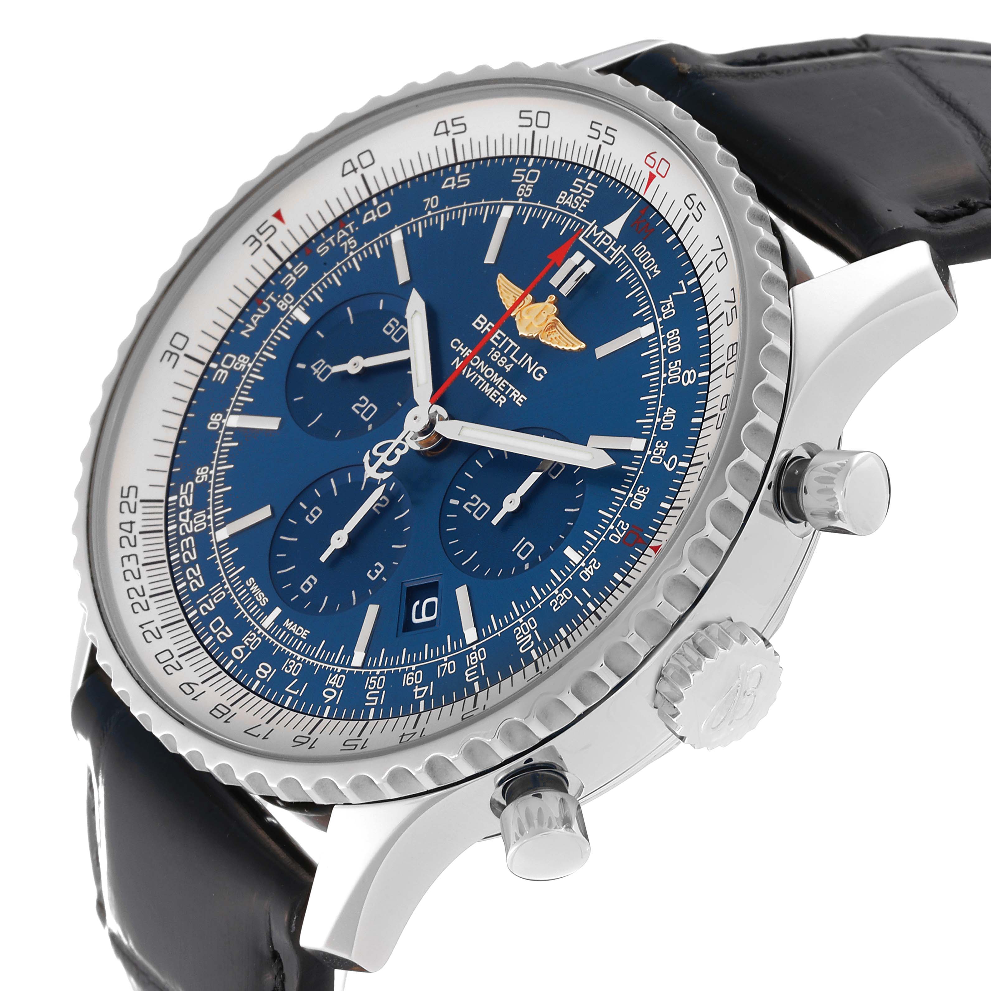The image shows a close-up angle of the Breitling Navitimer AB0127 Men
s Stainless Steel Blue Dial AB0127 Men
s Stainless Steel Blue Dial watch, displaying its face, crown, pushers, and part of the strap.