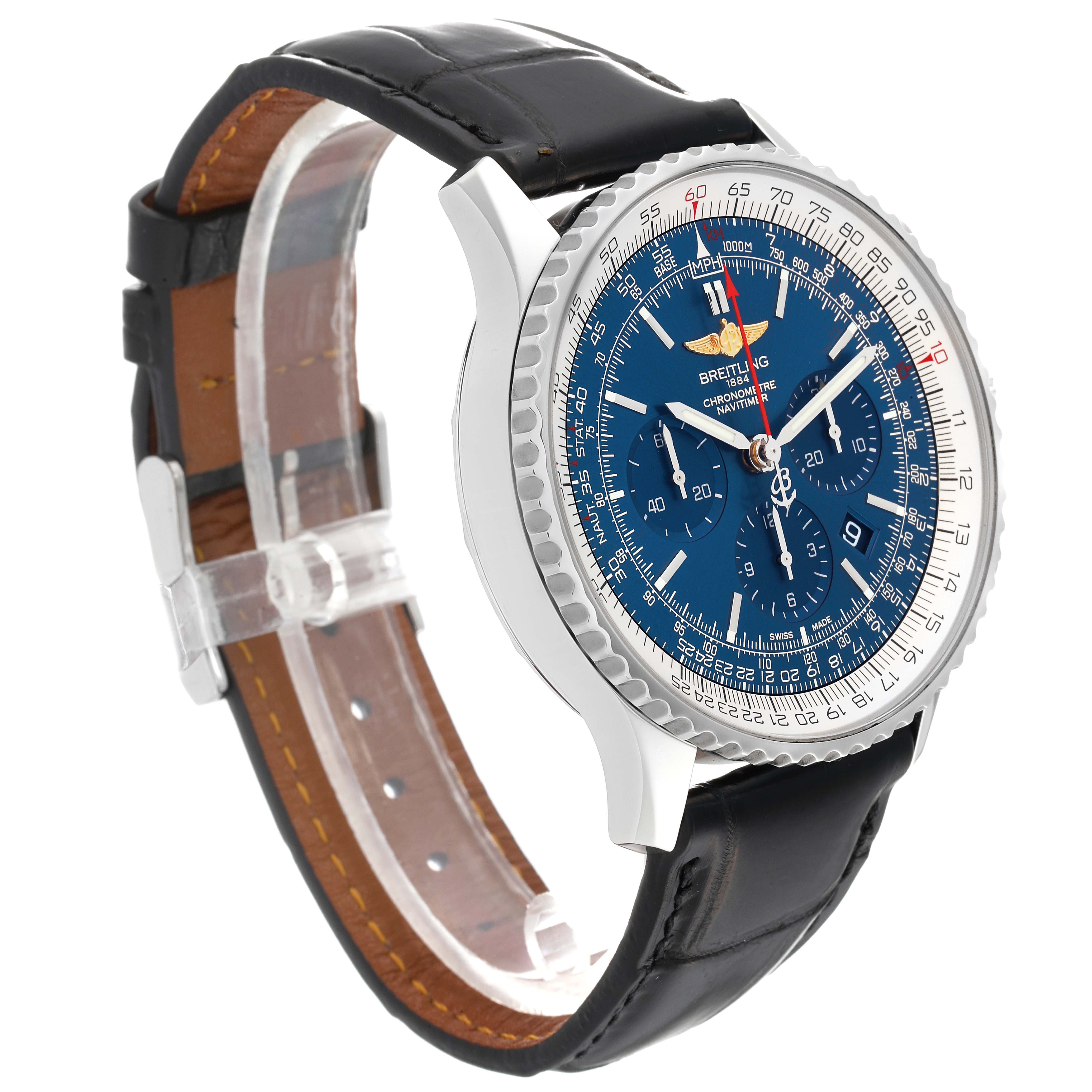 The image shows the Breitling Navitimer AB0127 Men
s Stainless Steel Blue Dial AB0127 Men
s Stainless Steel Blue Dial watch from a three-quarter angle, highlighting its blue dial, bezel, and leather strap.