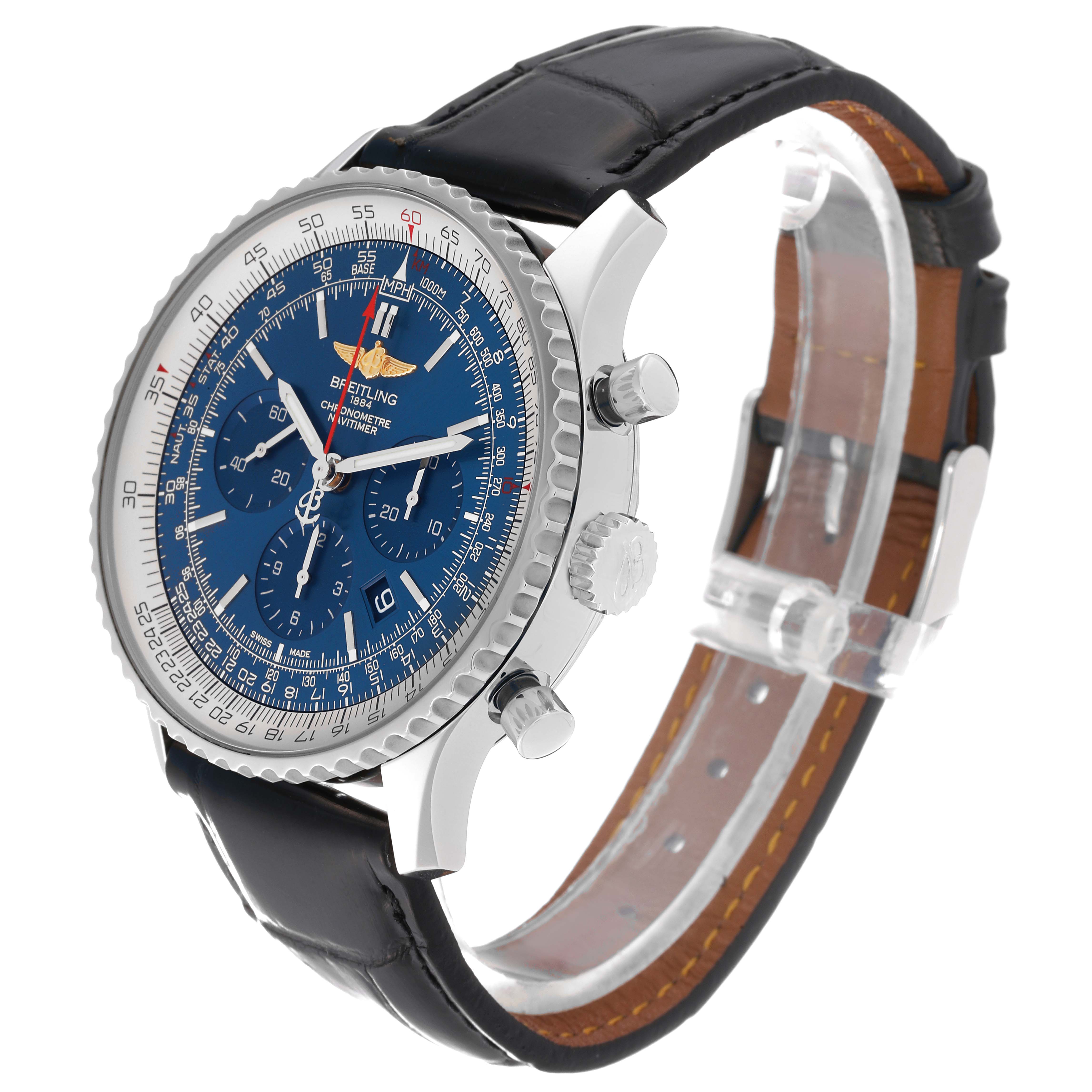 This image shows a Breitling Navitimer AB0127 Men
s Stainless Steel Blue Dial AB0127 Men
s Stainless Steel Blue Dial watch angled from the side, highlighting the blue dial, pushers, crown, and black leather strap.