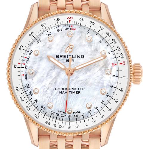 Photo of Breitling Navitimer Automatic 36 Rose Gold MOP Diamond Watch R17327 Box Card