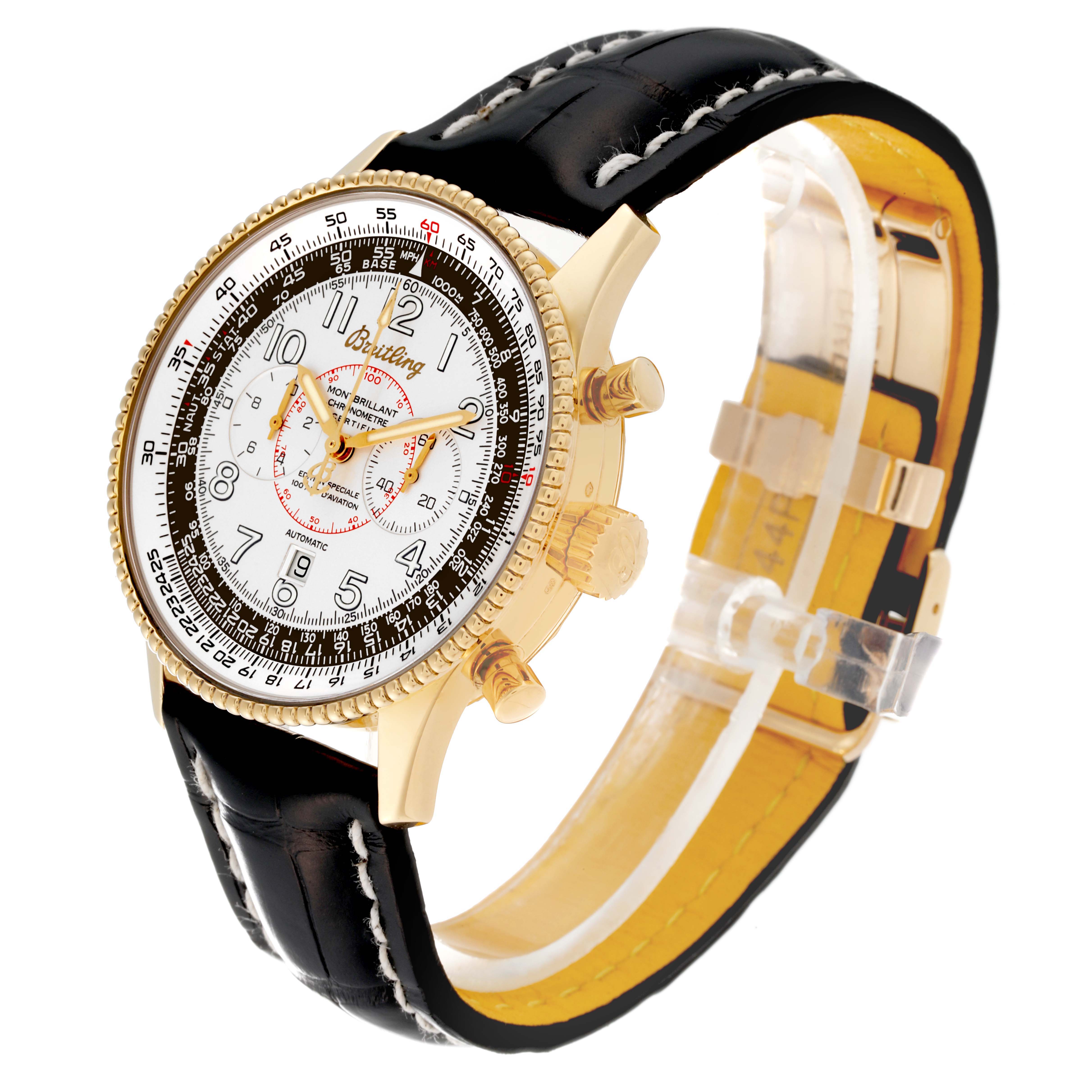 The Breitling Navitimer K35330 Men's Yellow Gold Silver Dial K35330 Men's Yellow Gold Silver Dial watch is shown at a slight right-side angle, highlighting its face, bezel, crown, and leather strap.