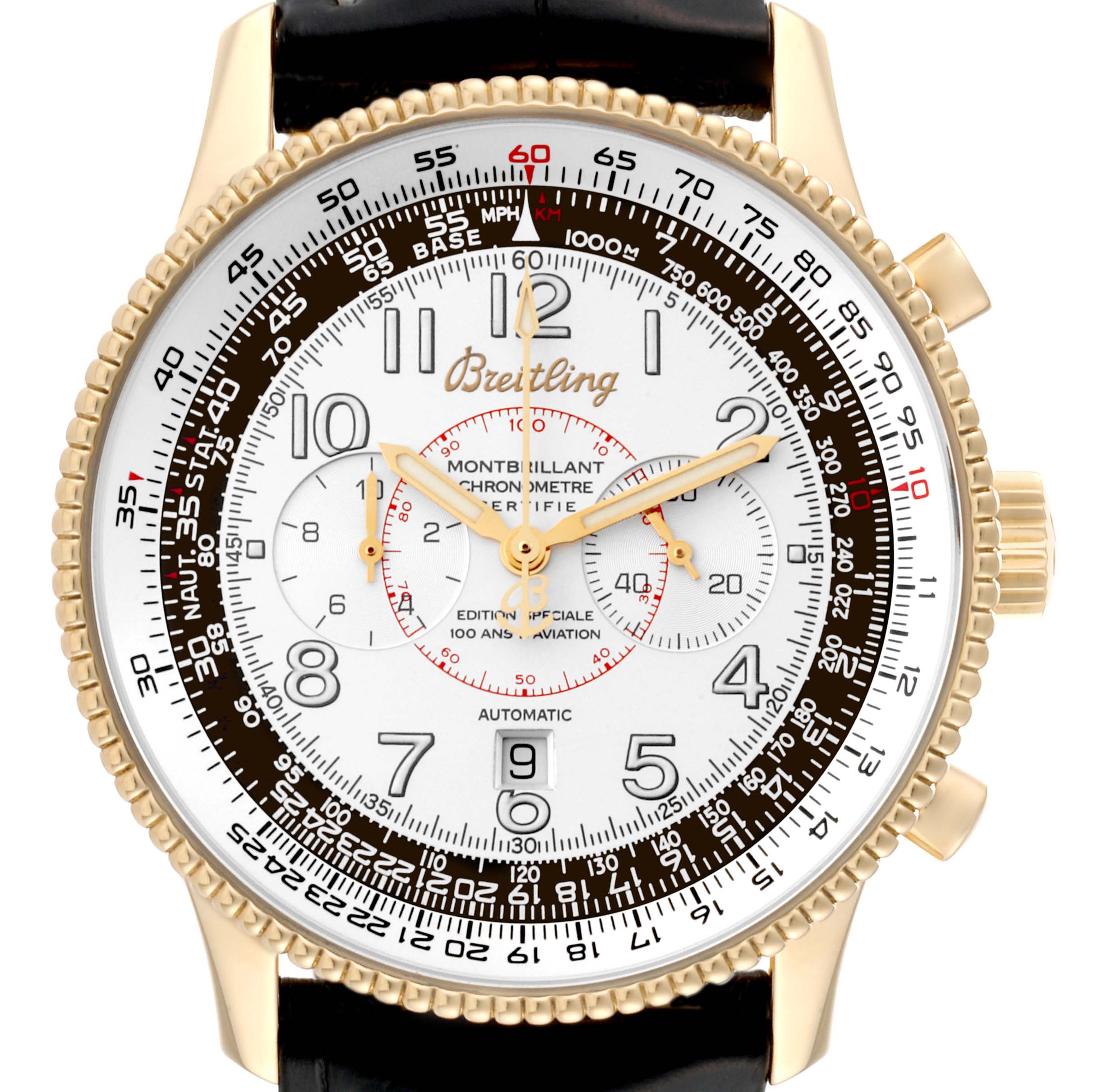The image shows a front view of the Breitling Navitimer K35330 Men's Yellow Gold Silver Dial K35330 Men's Yellow Gold Silver Dial watch, highlighting its detailed dial and bezel.