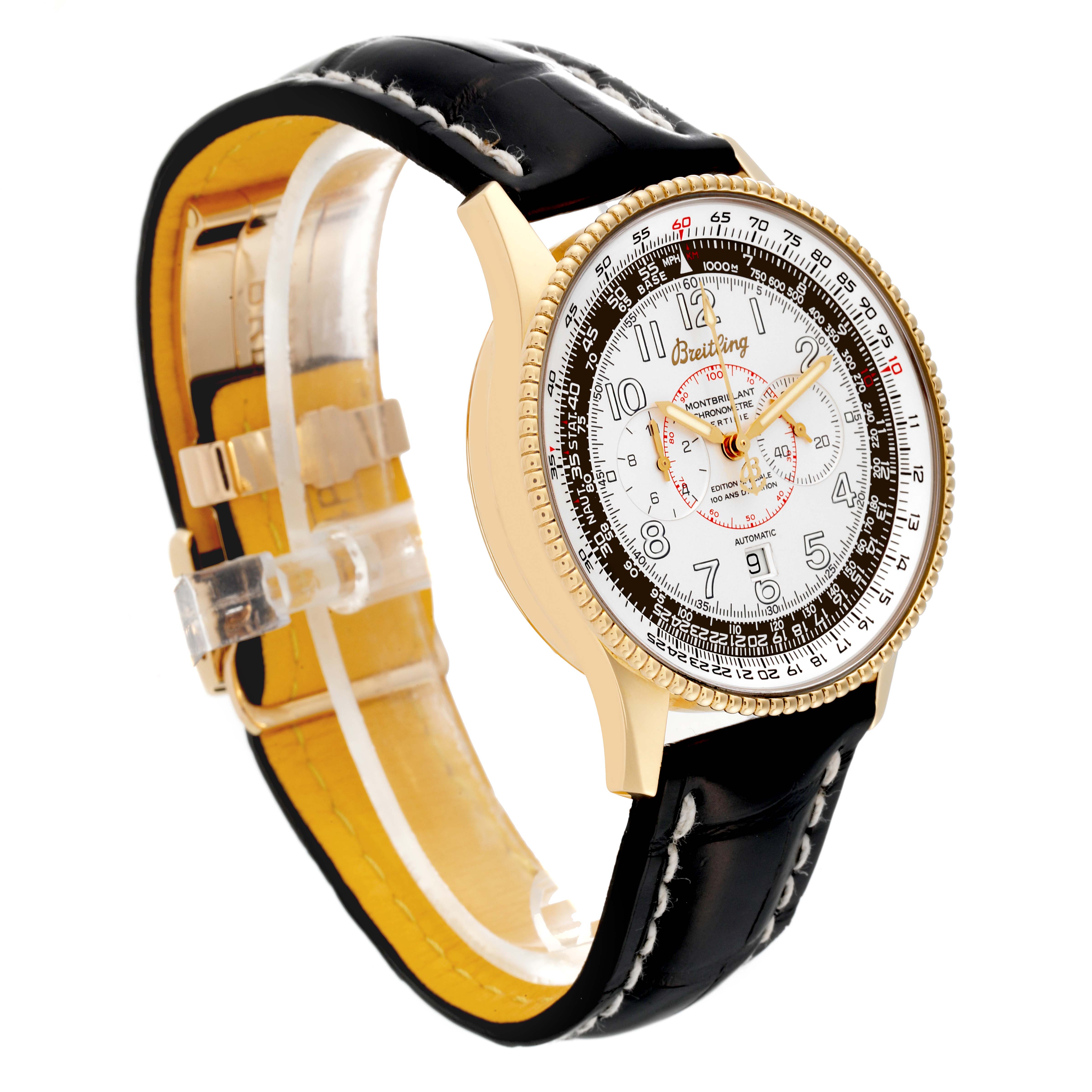 The Breitling Navitimer K35330 Men's Yellow Gold Silver Dial K35330 Men's Yellow Gold Silver Dial watch is shown at an angle displaying the dial, bezel, case, strap, and clasp.