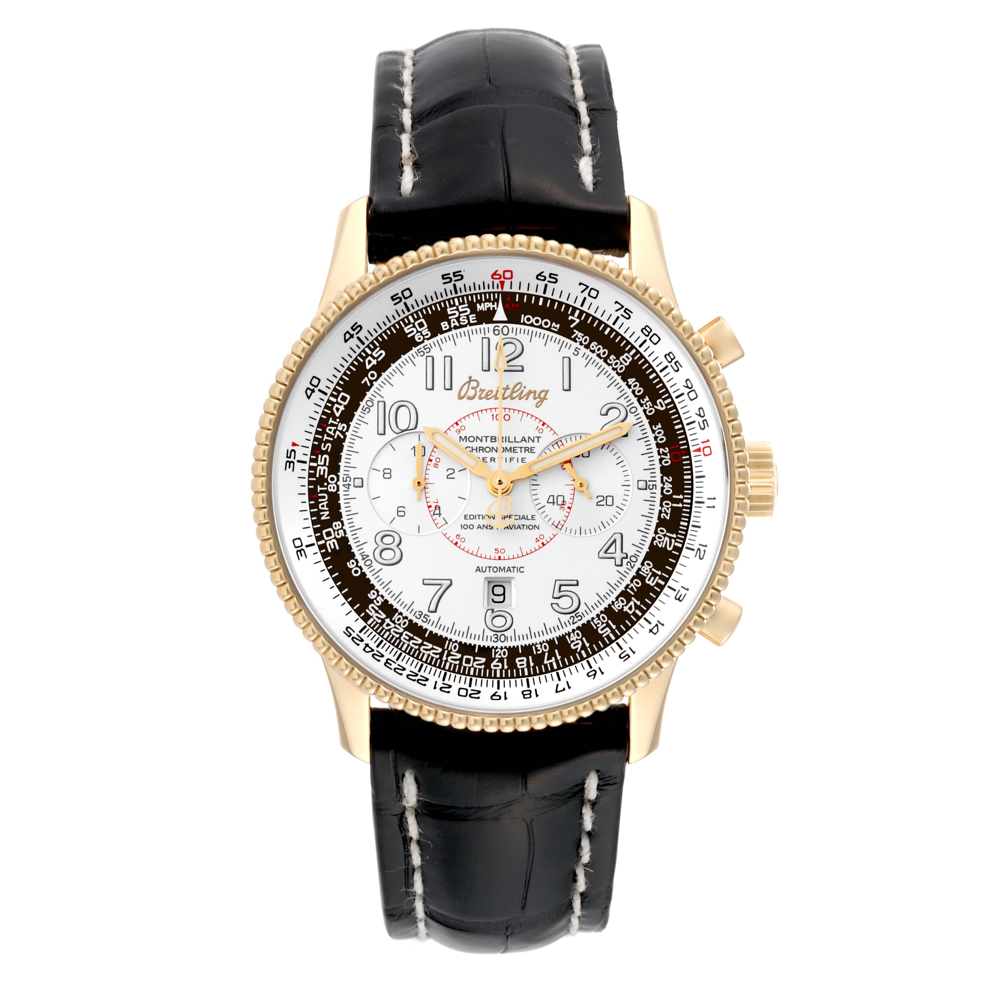 This image shows the front view of a Breitling Navitimer K35330 Men's Yellow Gold Silver Dial K35330 Men's Yellow Gold Silver Dial watch, featuring its dial, bezel, and leather strap.