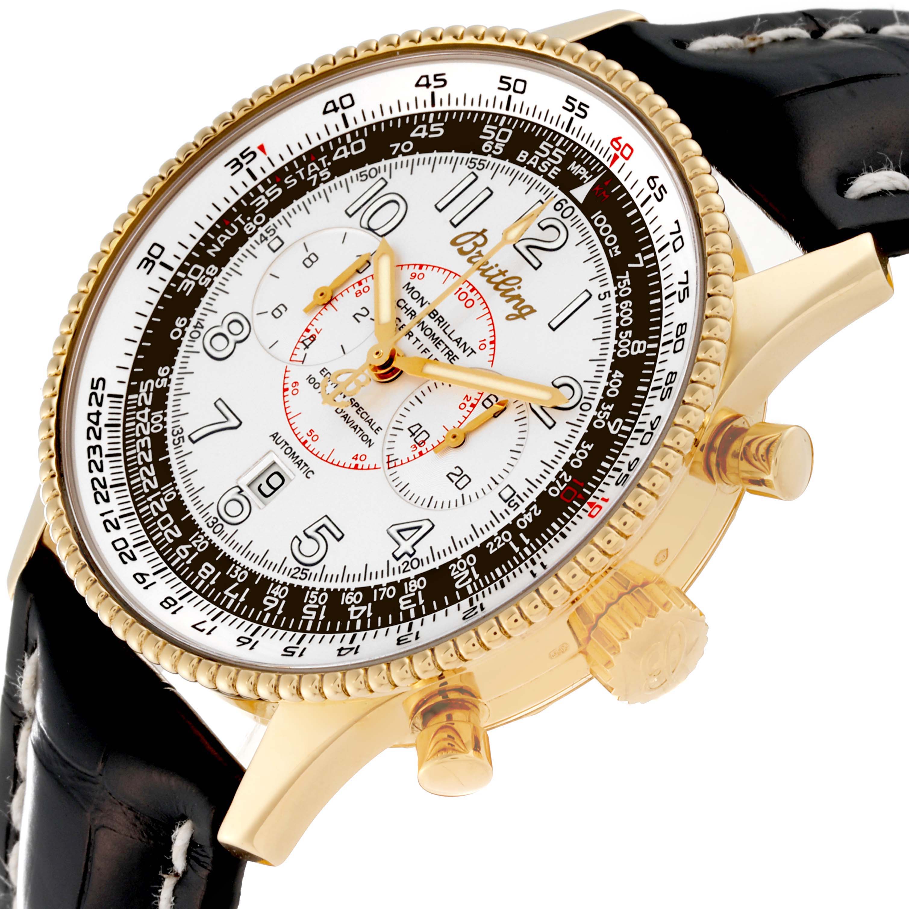 The image shows a close-up angle of the dial and side controls of a Breitling Navitimer K35330 Men's Yellow Gold Silver Dial K35330 Men's Yellow Gold Silver Dial watch.