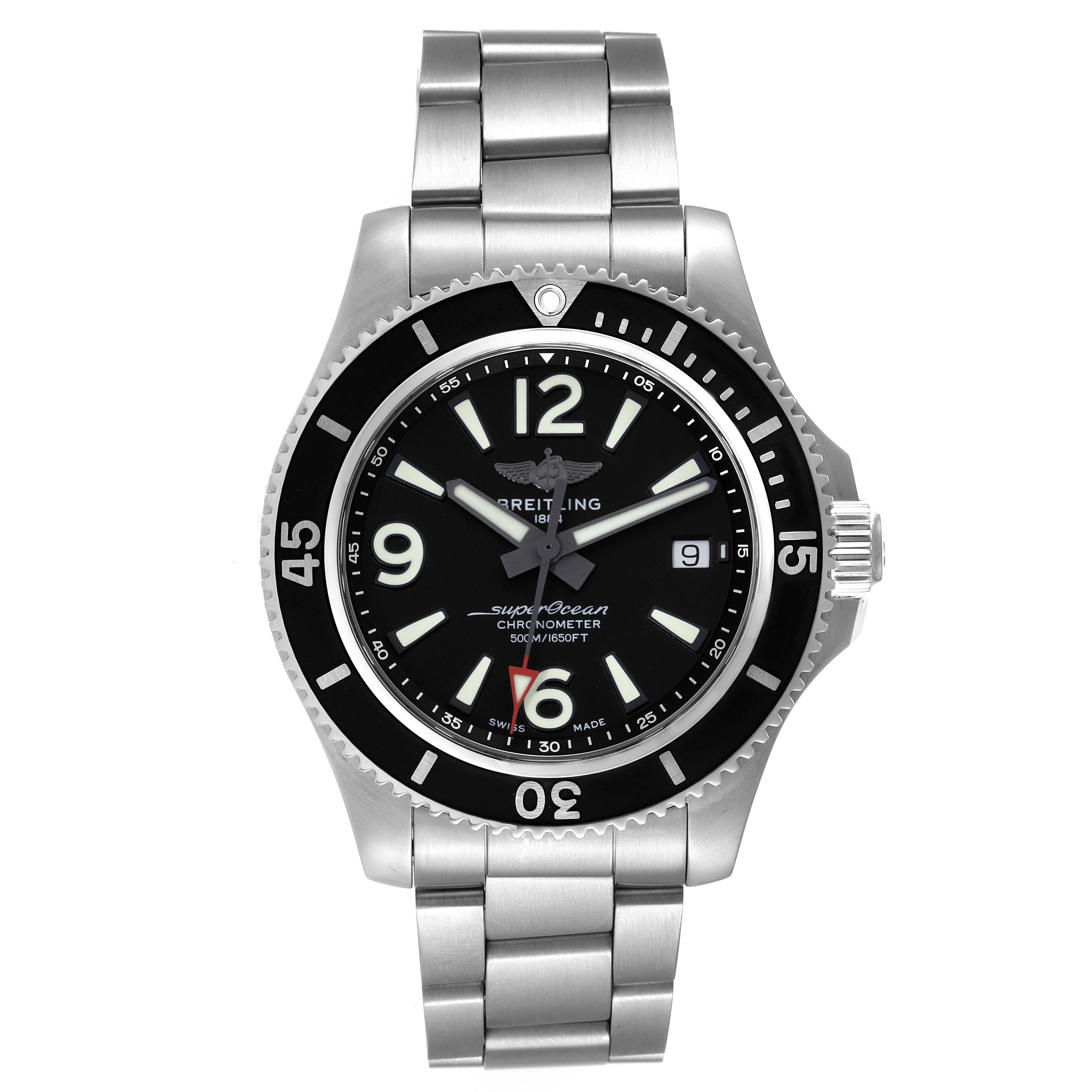 This Breitling Superocean A17366 Men's Stainless Steel Black Dial A17366 Men's Stainless Steel Black Dial watch is shown from a front angle, displaying the face, bezel, and metal bracelet.