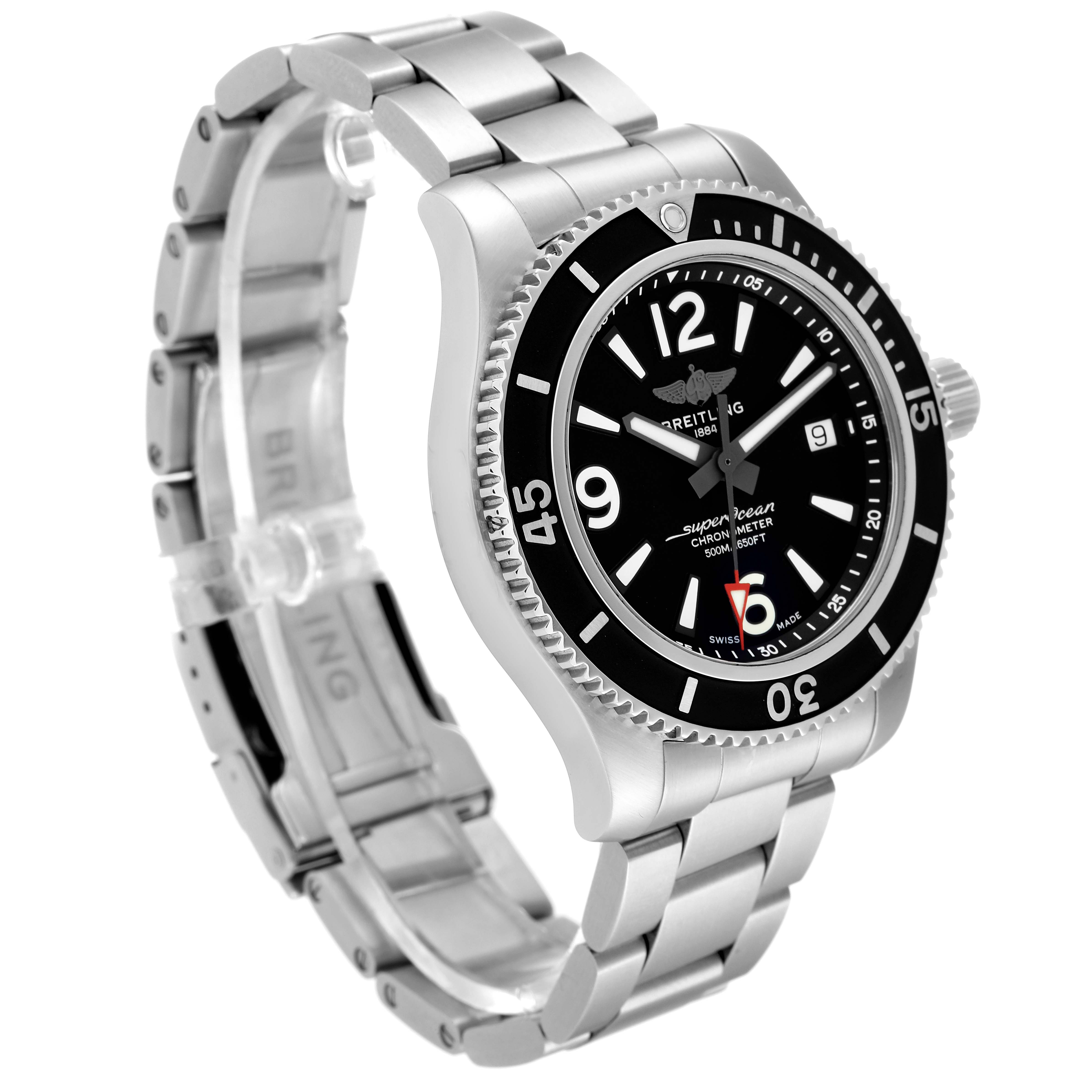 This image showcases a Breitling Superocean A17366 Men's Stainless Steel Black Dial A17366 Men's Stainless Steel Black Dial watch from a three-quarter angle, highlighting the watch face and metal bracelet.