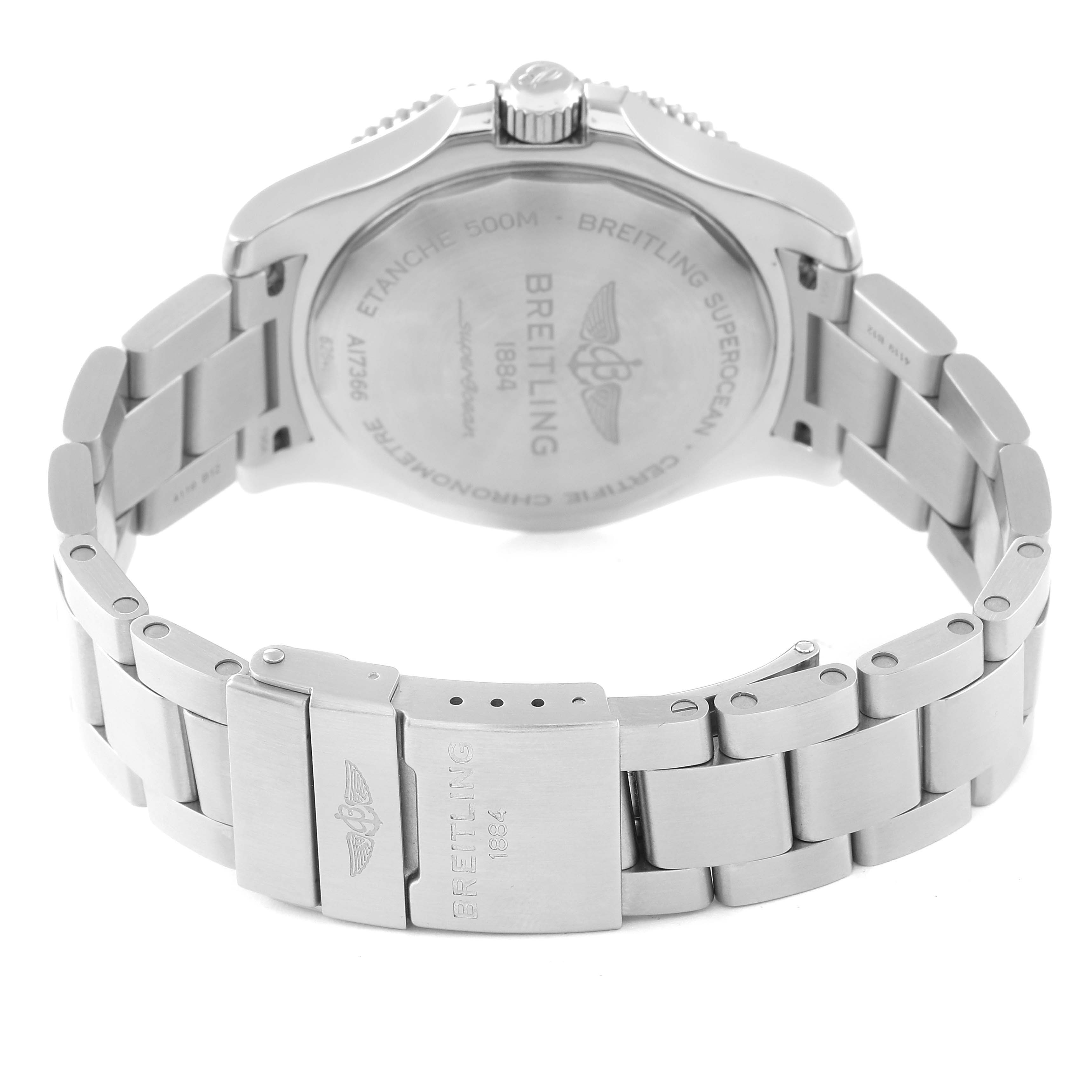 The image shows the back case and bracelet of a Breitling Superocean A17366 Men's Stainless Steel Black Dial A17366 Men's Stainless Steel Black Dial watch from a rear angle.