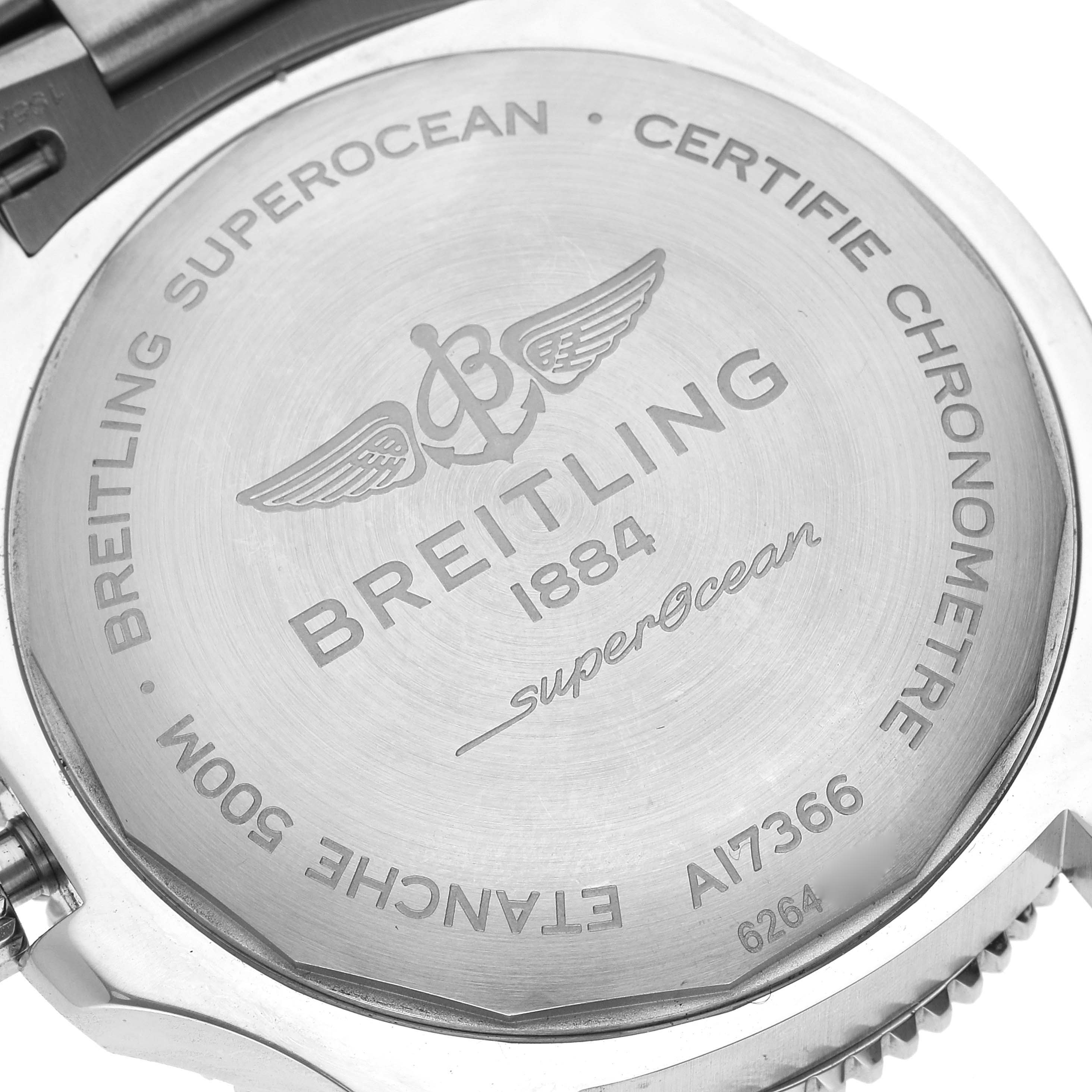 The image shows the back case of a Breitling Superocean A17366 Men's Stainless Steel Black Dial A17366 Men's Stainless Steel Black Dial watch, featuring engraved branding and technical details.