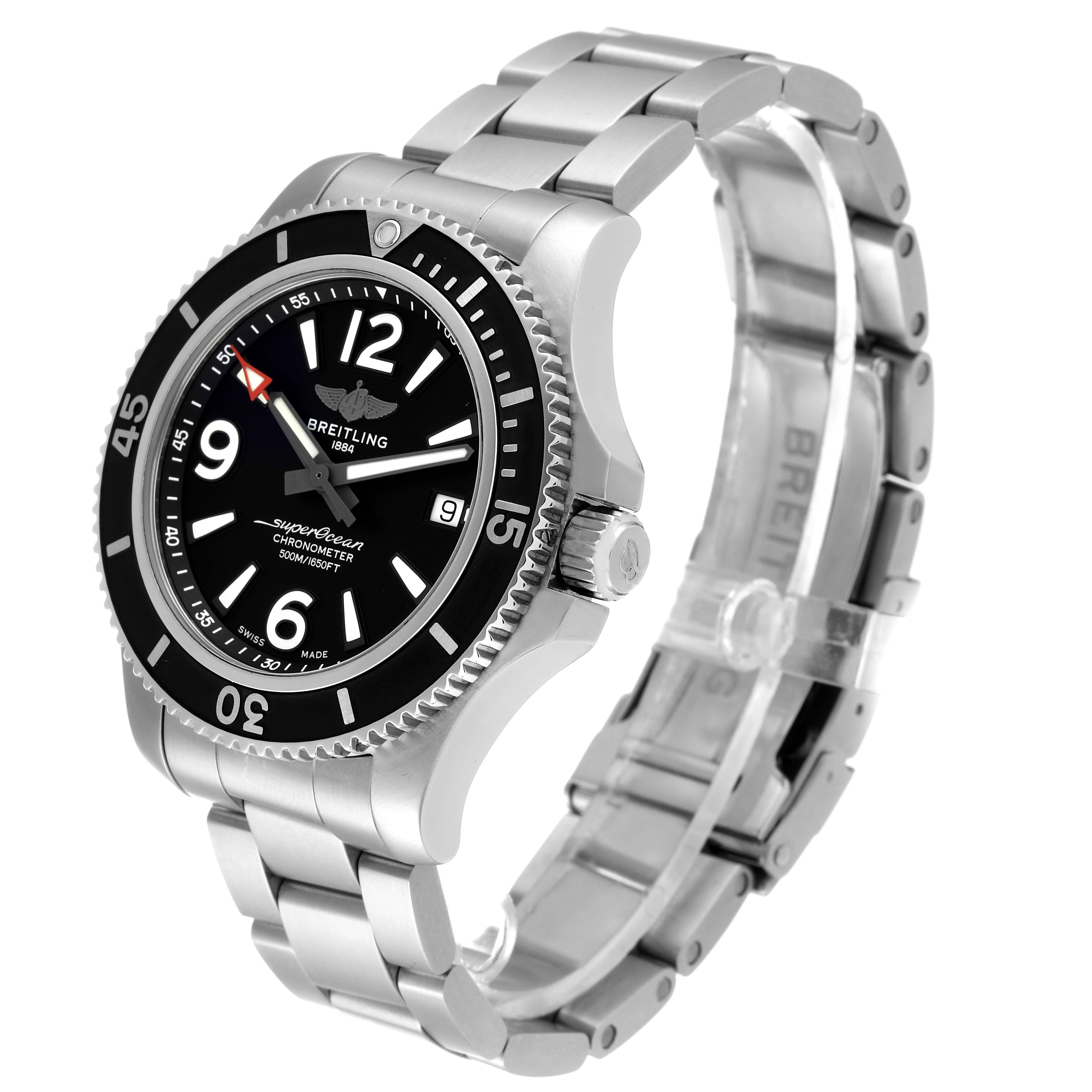 The image shows a side angle of the Breitling Superocean A17366 Men's Stainless Steel Black Dial A17366 Men's Stainless Steel Black Dial watch, highlighting its face, bezel, crown, and metal bracelet.