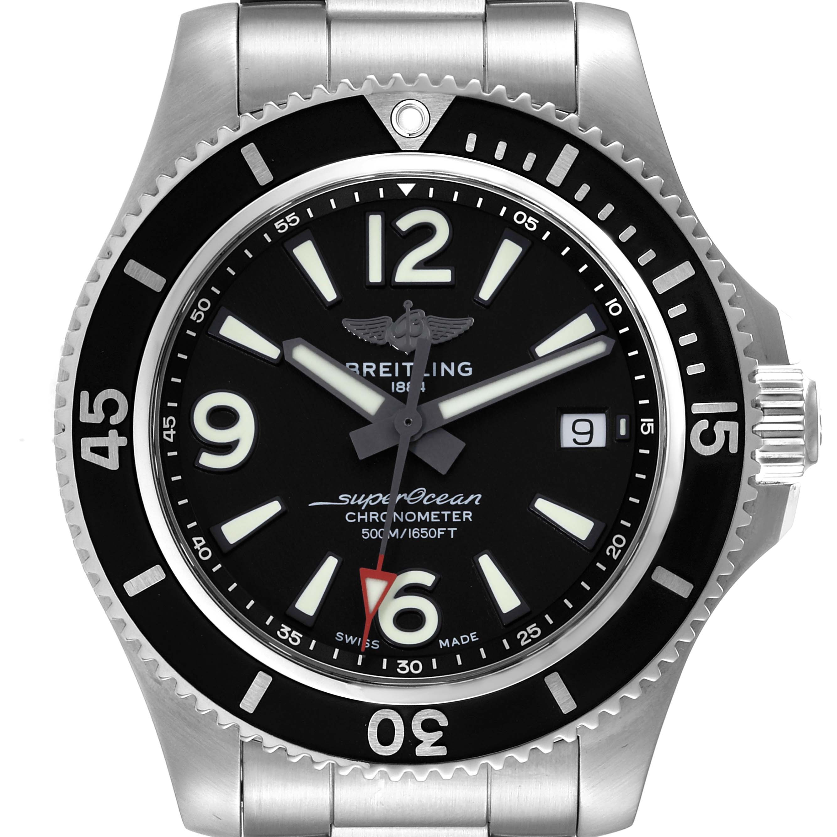 This is a close-up front view of the dial and bezel of the Breitling Superocean A17366 Men's Stainless Steel Black Dial A17366 Men's Stainless Steel Black Dial watch.