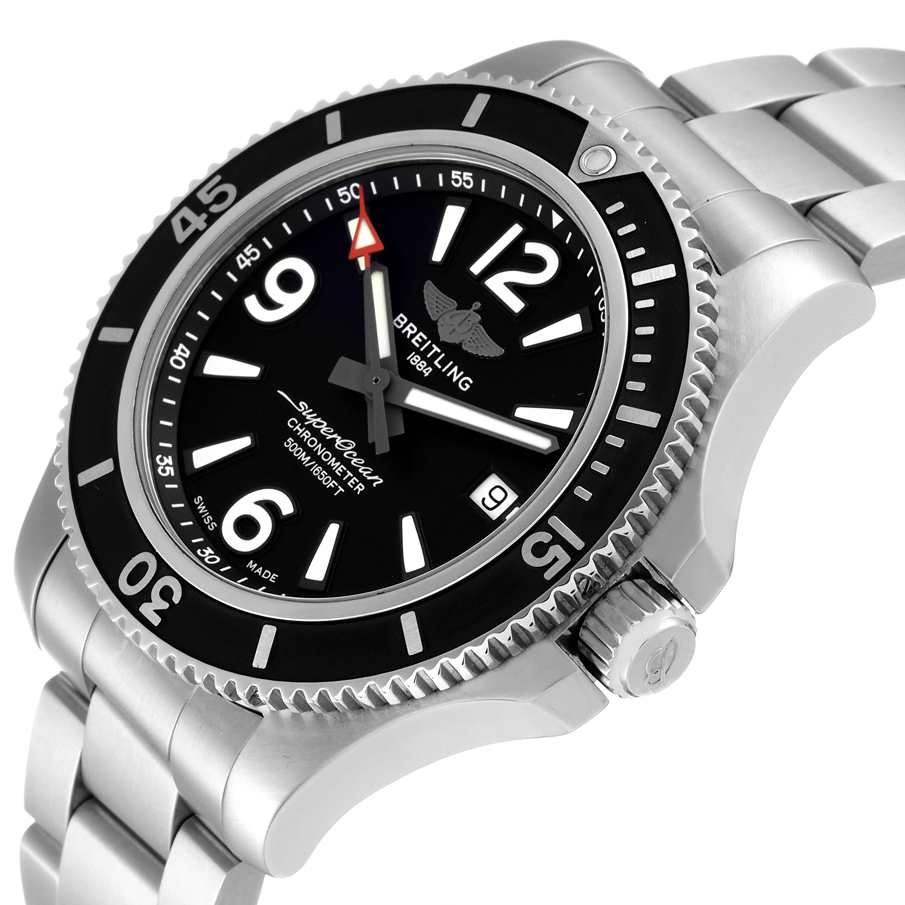 This image shows a Breitling Superocean A17366 Men's Stainless Steel Black Dial A17366 Men's Stainless Steel Black Dial watch at an angled view, highlighting the face, bezel, crown, and part of the metal bracelet.